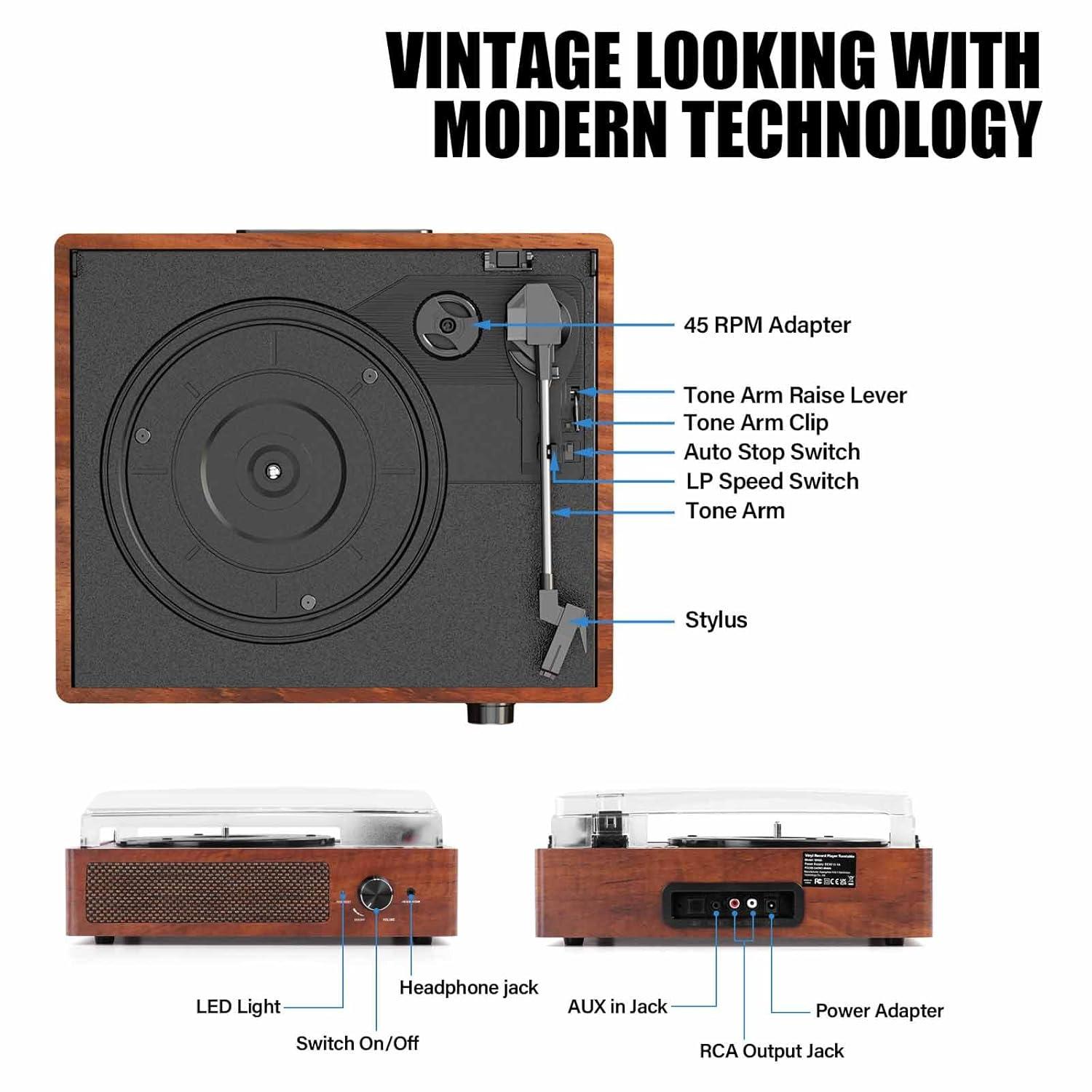 Record Players Vintage Turntable for Vinyl Records with Speakers Belt-Driven Turntables Support 3-Speed, Bluetooth Wireless Playback, Headphone, AUX-in, RCA Line LP Vinyl Players