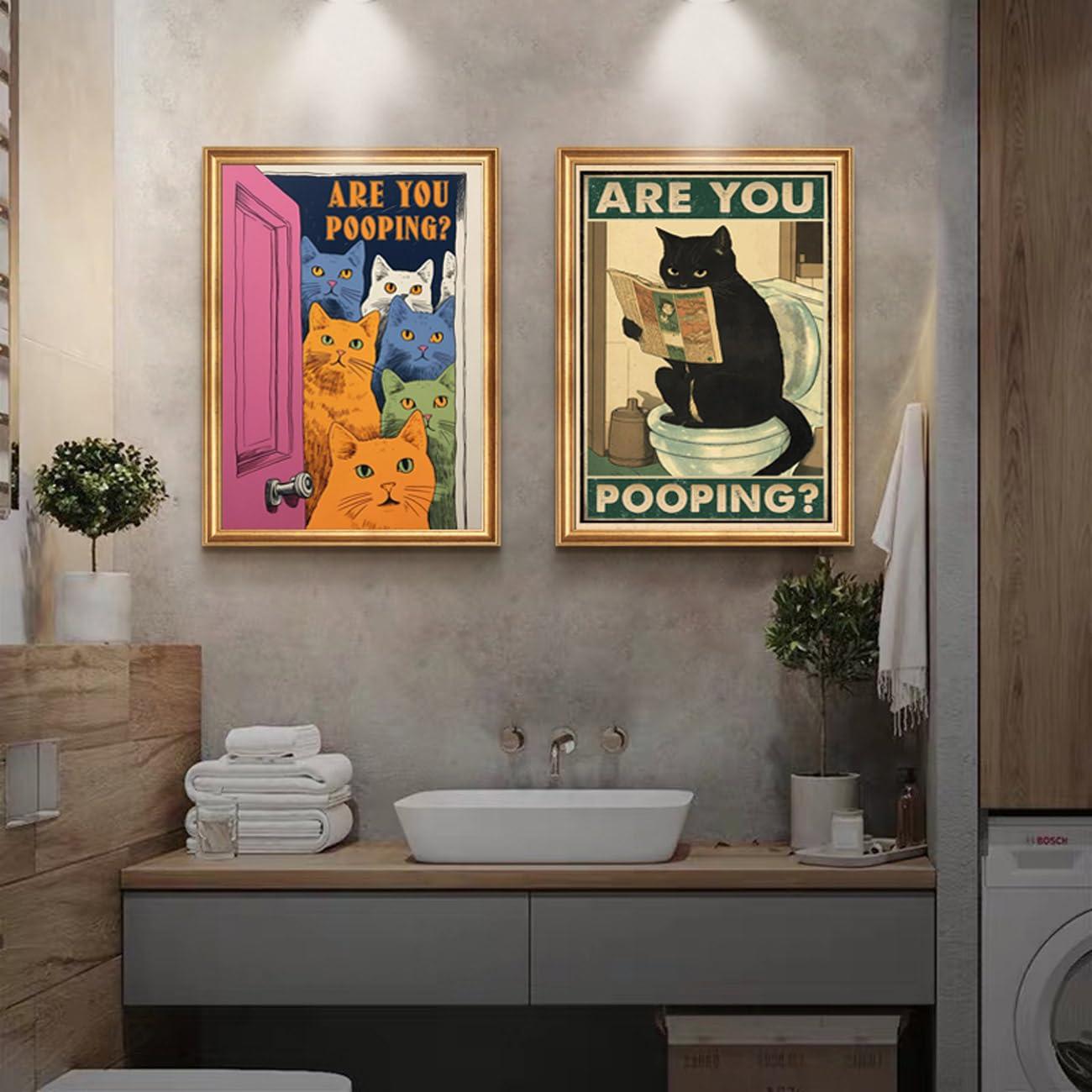 Funny Bathroom Cat Print Poster, Funky Are You Pooping Cat Sign Canvas Wall Art, Quirky Cats Witty Humor Pictures Artwork for Toilet Wall Decor 12x16in Unframed