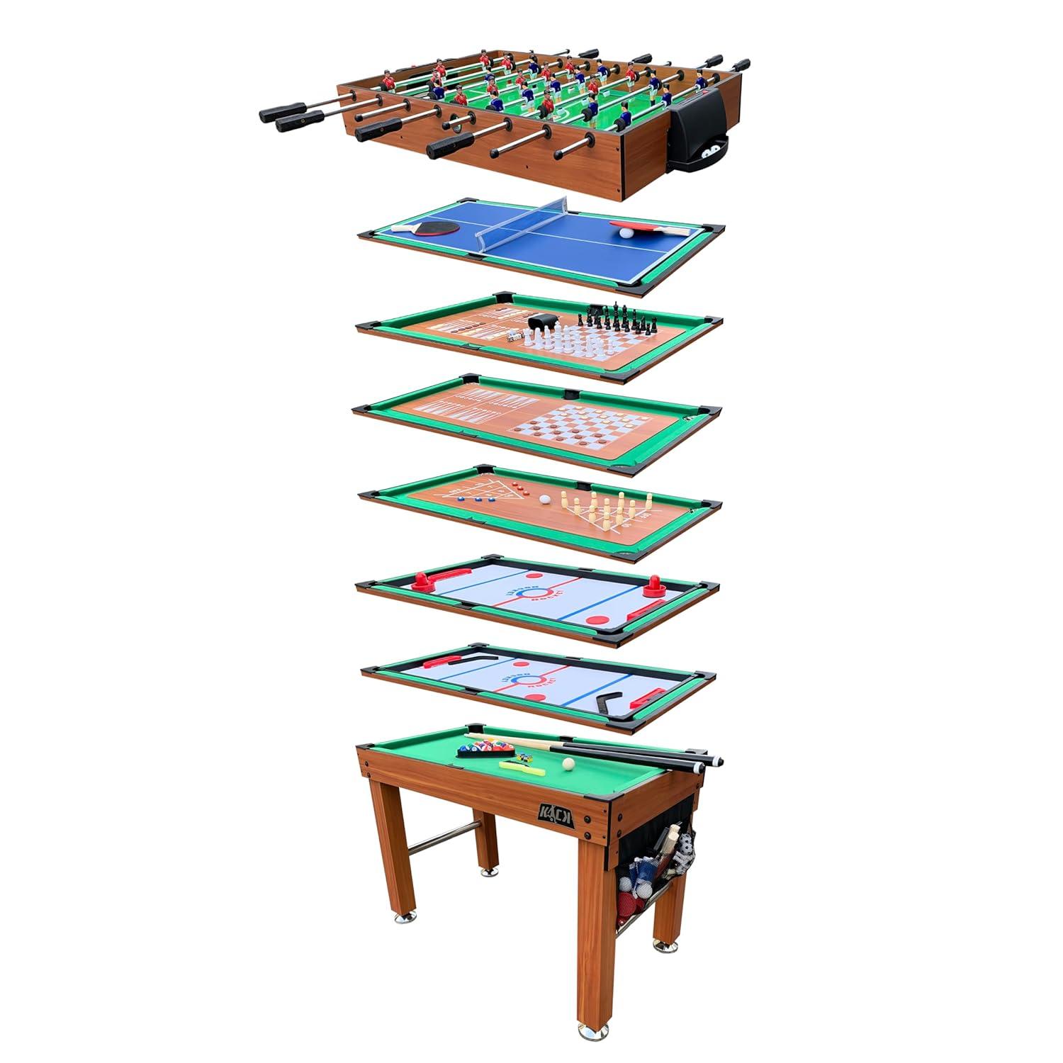KICK Defender 48″ 10-in-1 Multi-Game Table (Brown) - Combo Game Table Set - Foosball, Billiards, Glide Hockey, Ice Hockey, Table Tennis, Chess, Backgammon, Draughts, Bowling, Shuffleboard for Family