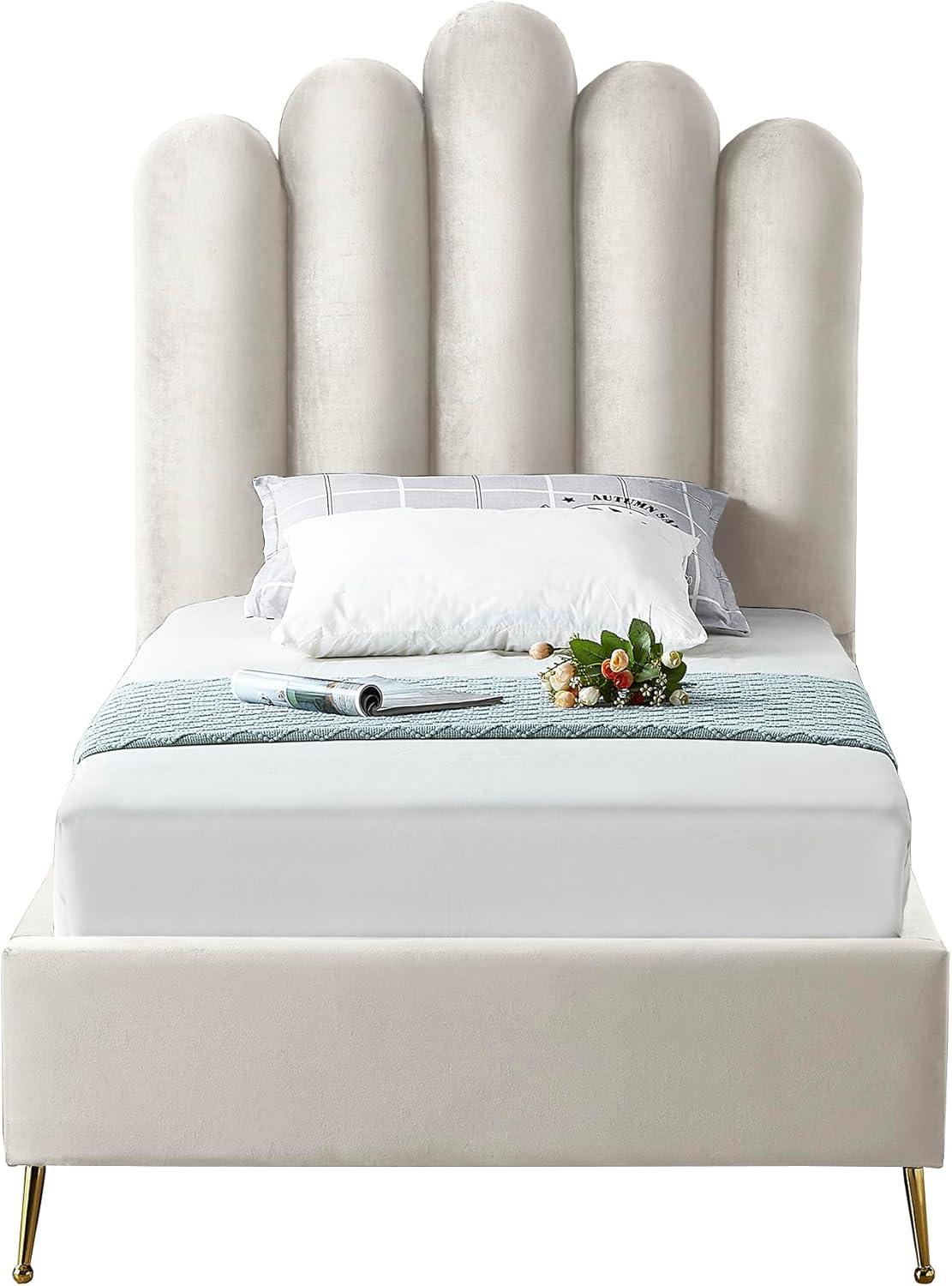Meridian Furniture Lily Solid Wood and Tufted Velvet Twin Bed in Cream