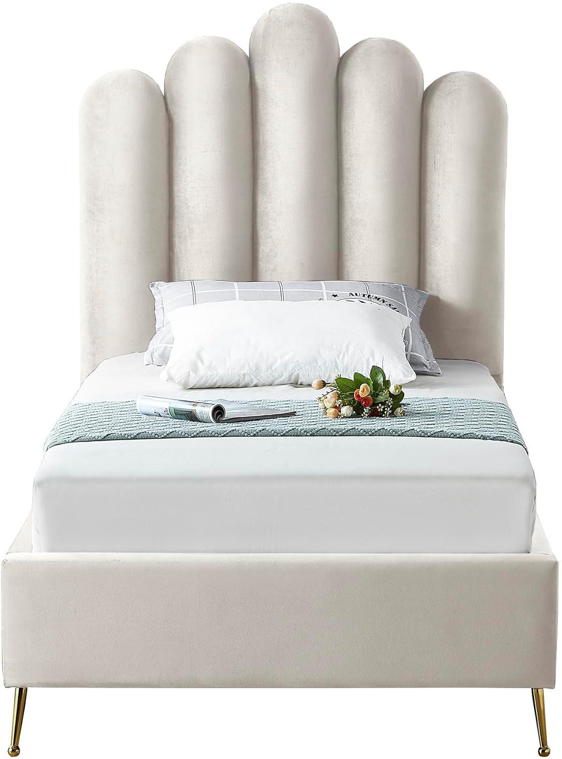 Meridian Furniture Lily Solid Wood and Tufted Velvet Twin Bed in Cream