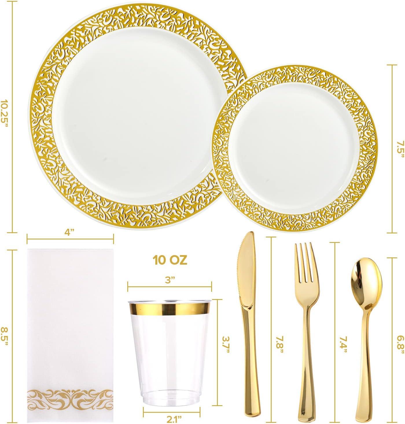 FOCUSLINE 350 Piece Gold Rim Dinnerware Set, Disposable Plastic Plates for Party or Wedding-100 Plastic Plates-50 Plastic Silverware-50 Plastic Cups-50 Linen Feel Napkins(50 Guest)