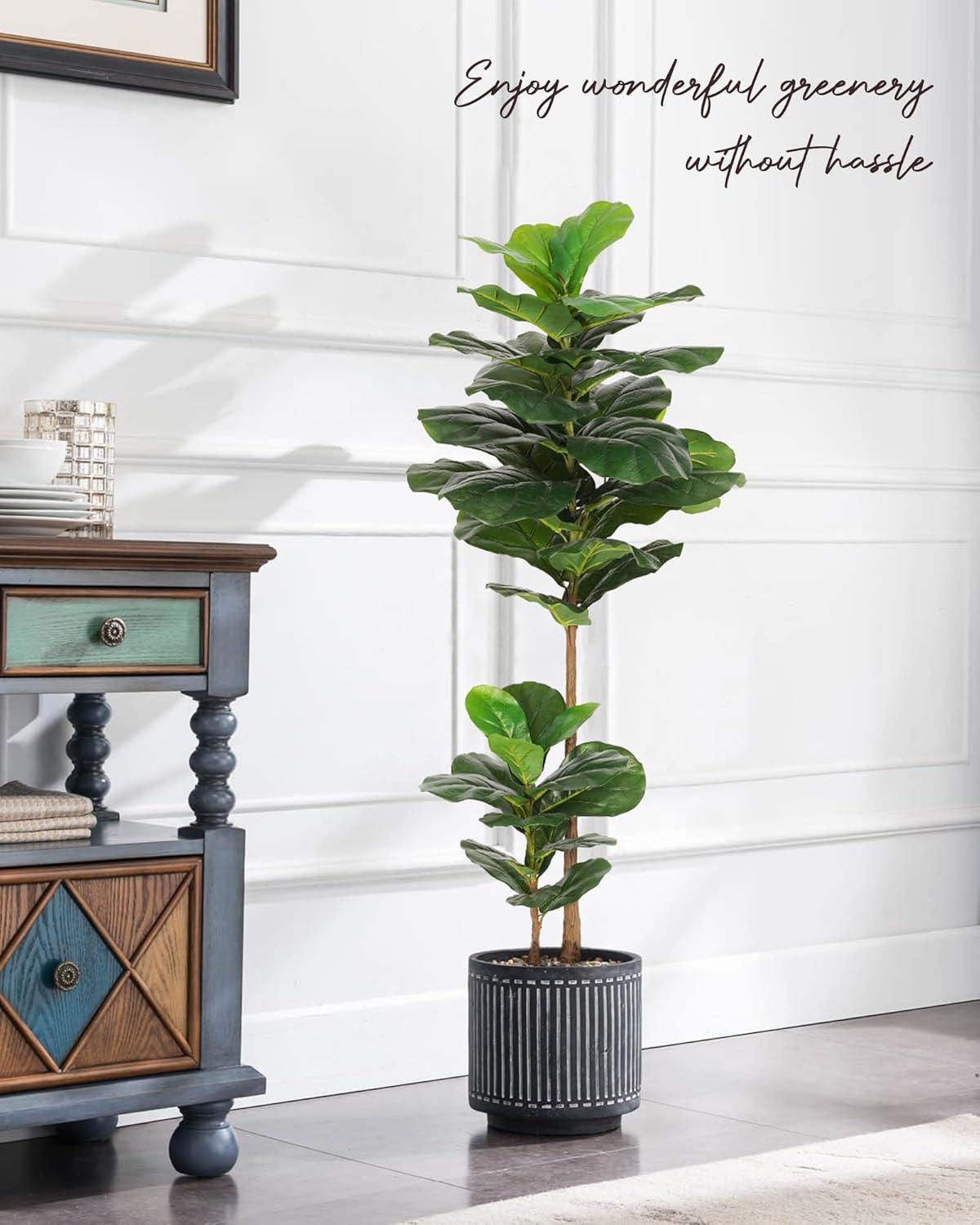 Fiddle Leaf Fig Tree Artificial Plant 4FT Tall Faux Plants Indoor Fake Ficus Lyrata Plant in Pot Artificial Fig Trees for Home Office Store Room Decor Indoor Outdoor Housewarming Gift