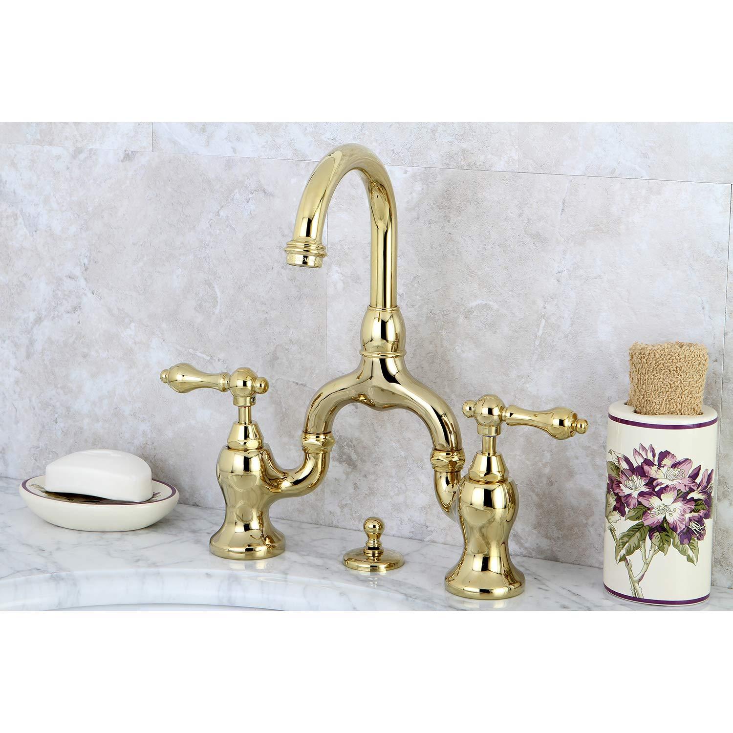 Kingston Brass English Country Two-Handle 3-Hole Deck Mount Bridge Bathroom Faucet with Brass Pop-Up