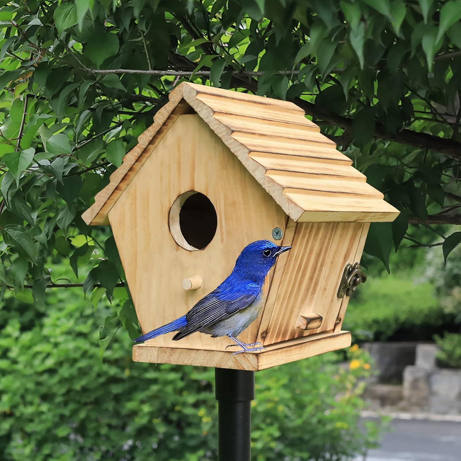 Natural Wood Hanging Birdhouse with Ventilation and Cleaning Door