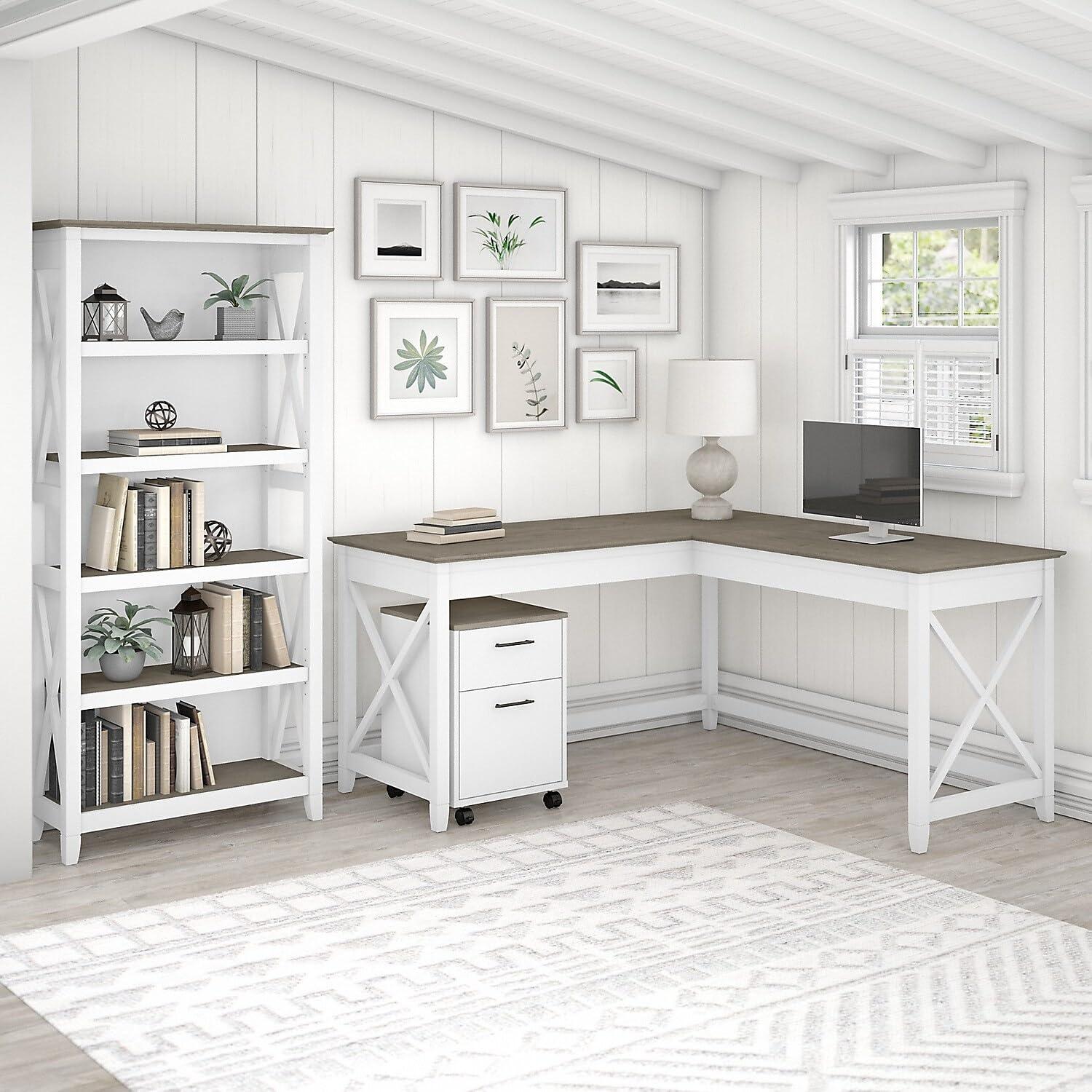 Key West L Desk with Drawers and Bookcase in White and Gray - Engineered Wood