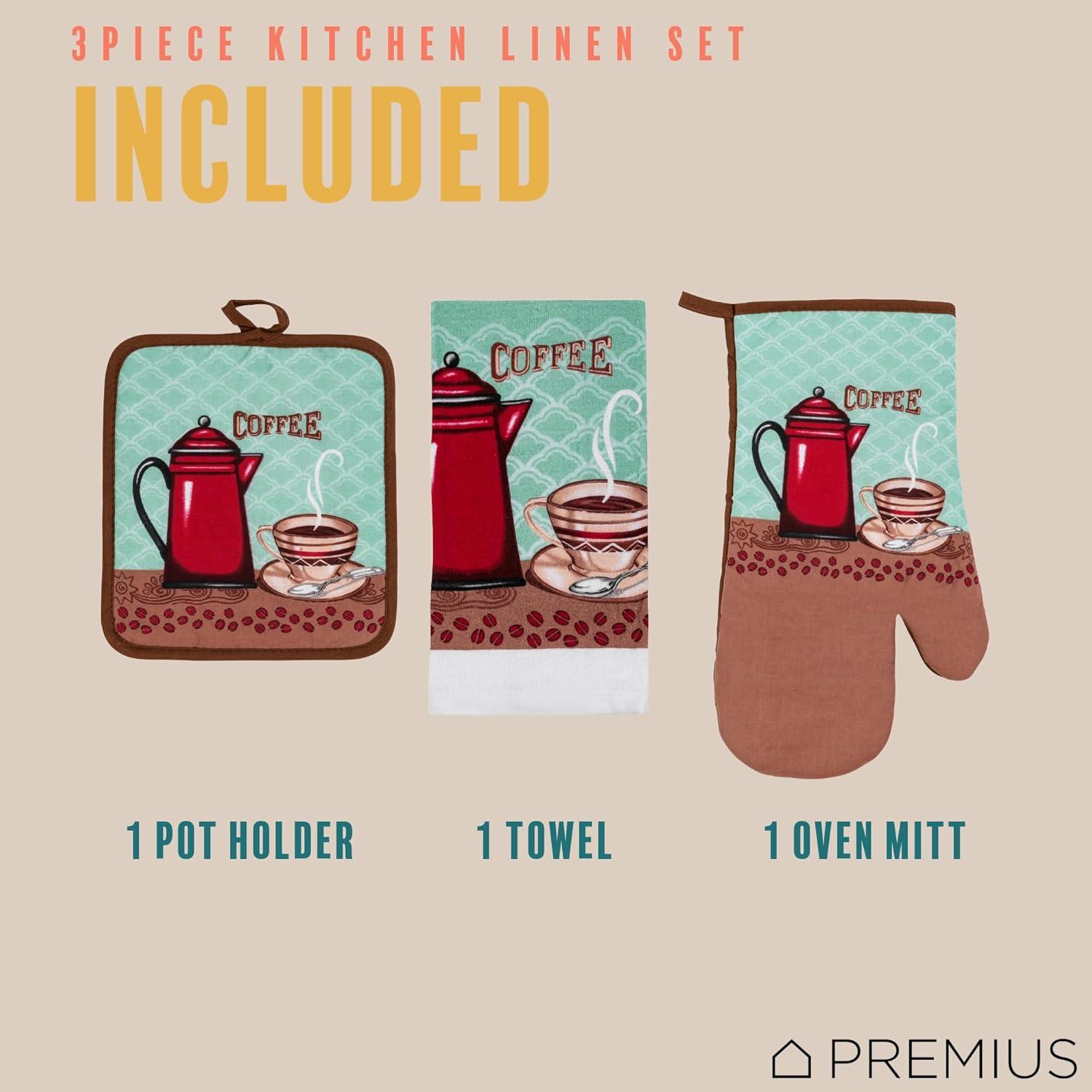 Premius PREMIUS 3 Piece Printed Kitchen Linen Set, Coffee Time, 1 Cotton Towel, 1 Pot Holder, 1 Oven Mitt