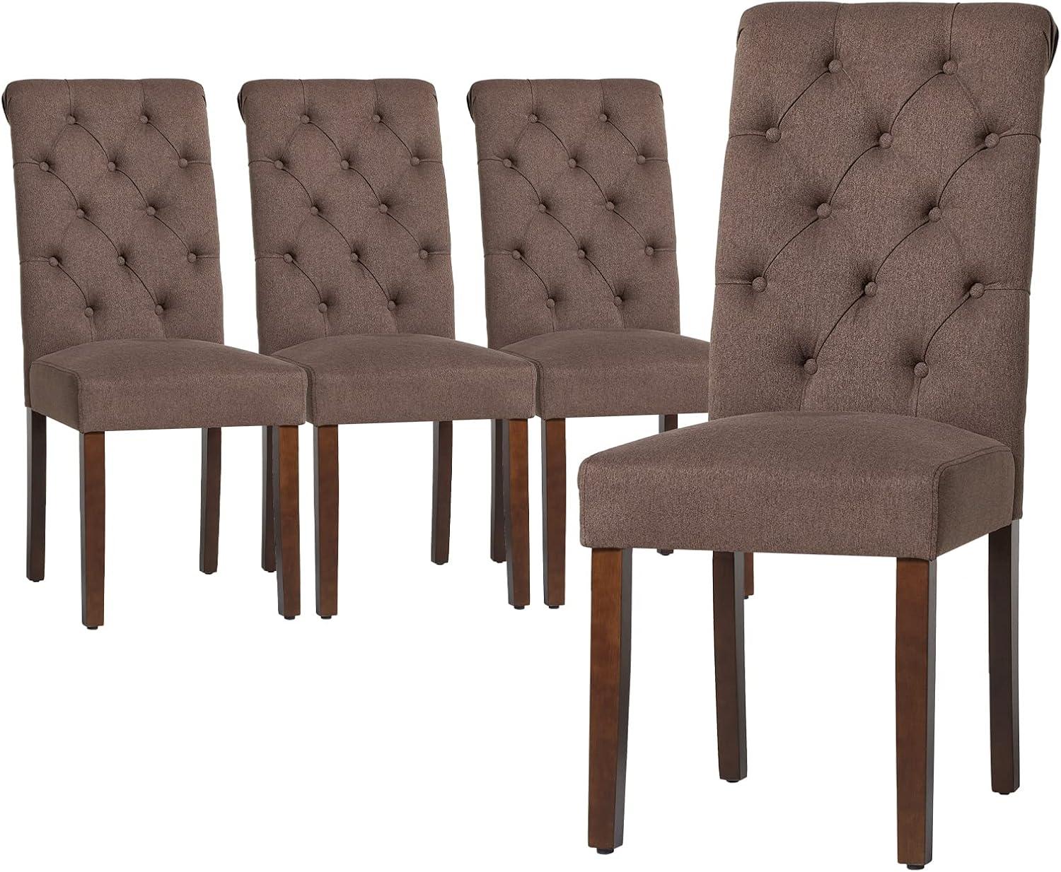 Brown Linen Upholstered Parsons Dining Side Chairs with Wood Legs, Set of 4