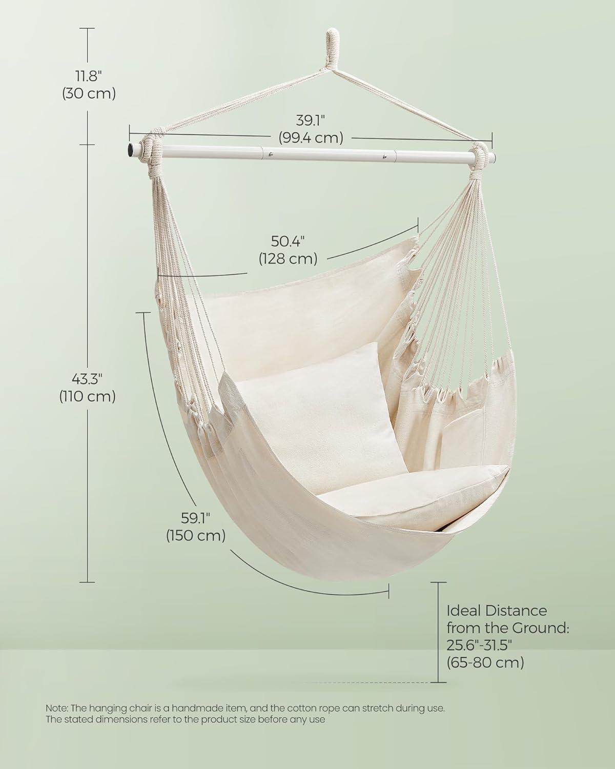 SONGMICS Hammock Chair, Load Capacity 500 lb, Hanging Chair with 2 Cushions, Large Hammock Swing with Chain and Pocket, for Indoor, Outdoor, Living Room, Bedroom, Cream White UGDC197M01