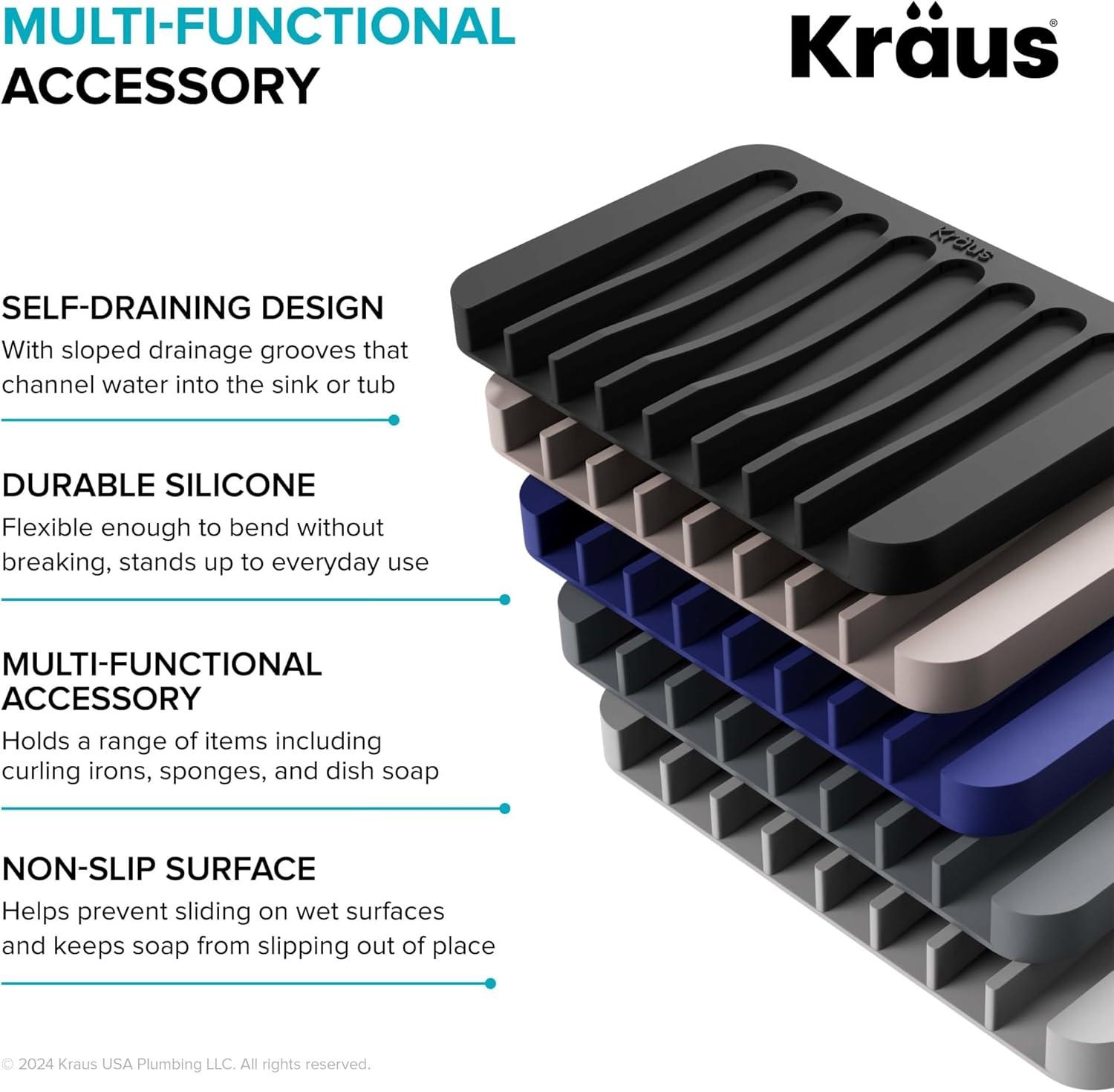KRAUS Multipurpose Self-Draining Silicone Soap Dish/Sponge Holder for Bathroom or Kitchen Counter in Dark Grey, KDM-05DG