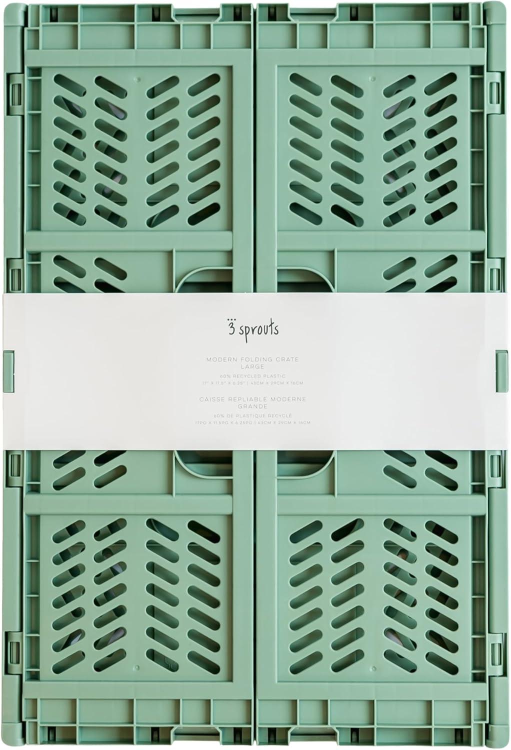 3 Sprouts Rectangular Recycled Plastic Foldable Crate (Large Size) - Green