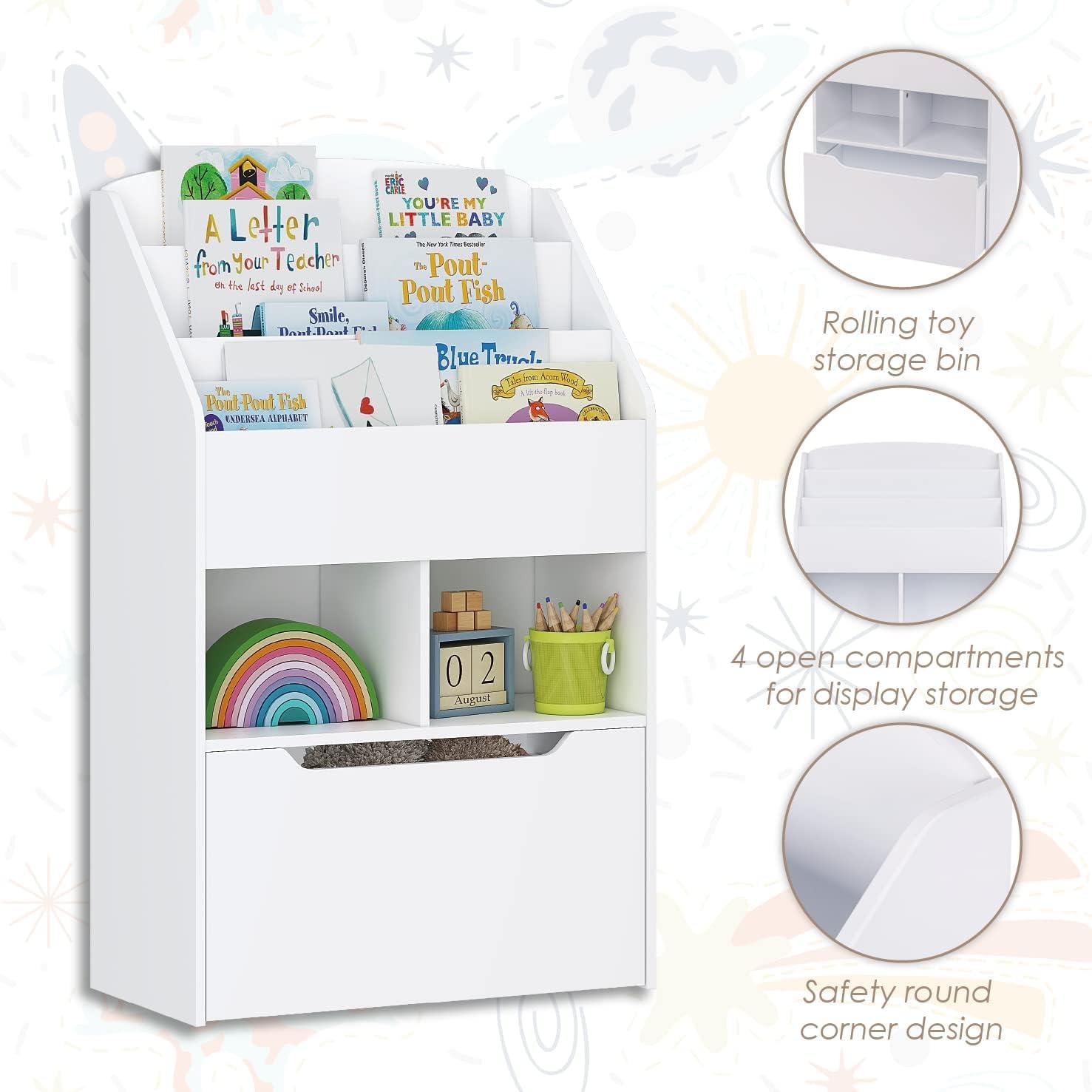 UTEX Kids Bookshelf Toy Organizer with Rolling Toy Box, White, 23.62” W x 11.8” D x 35.43” H