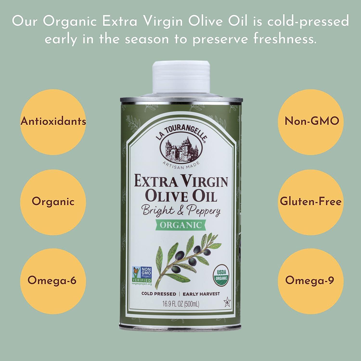 La Tourangelle, Organic Extra Virgin Olive Oil, Cold-Pressed EVOO from Spain, 25.4 Fl Oz – Spanish Olive Oil with Polyphenols for Cooking, Drizzling, Marinades, and Dipping, Rich Flavor