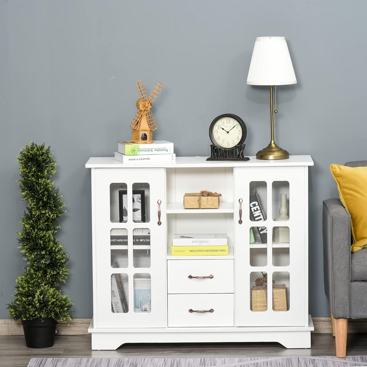 White MDF Sideboard Buffet Cabinet with Glass Doors and Drawers