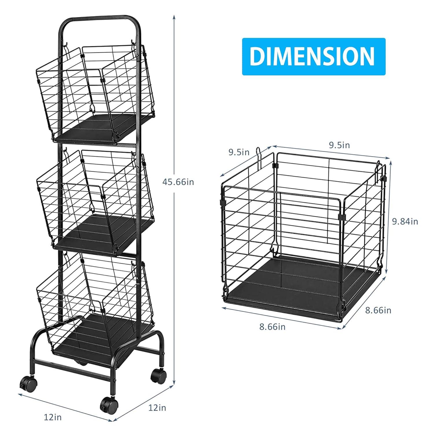 OUMIKEJI 3-Tier Fruit Basket Stand For Kitchen, Wire Market Basket Food Storage Stand With Wheels, Vegetable Produce Pantry Basket Organizer