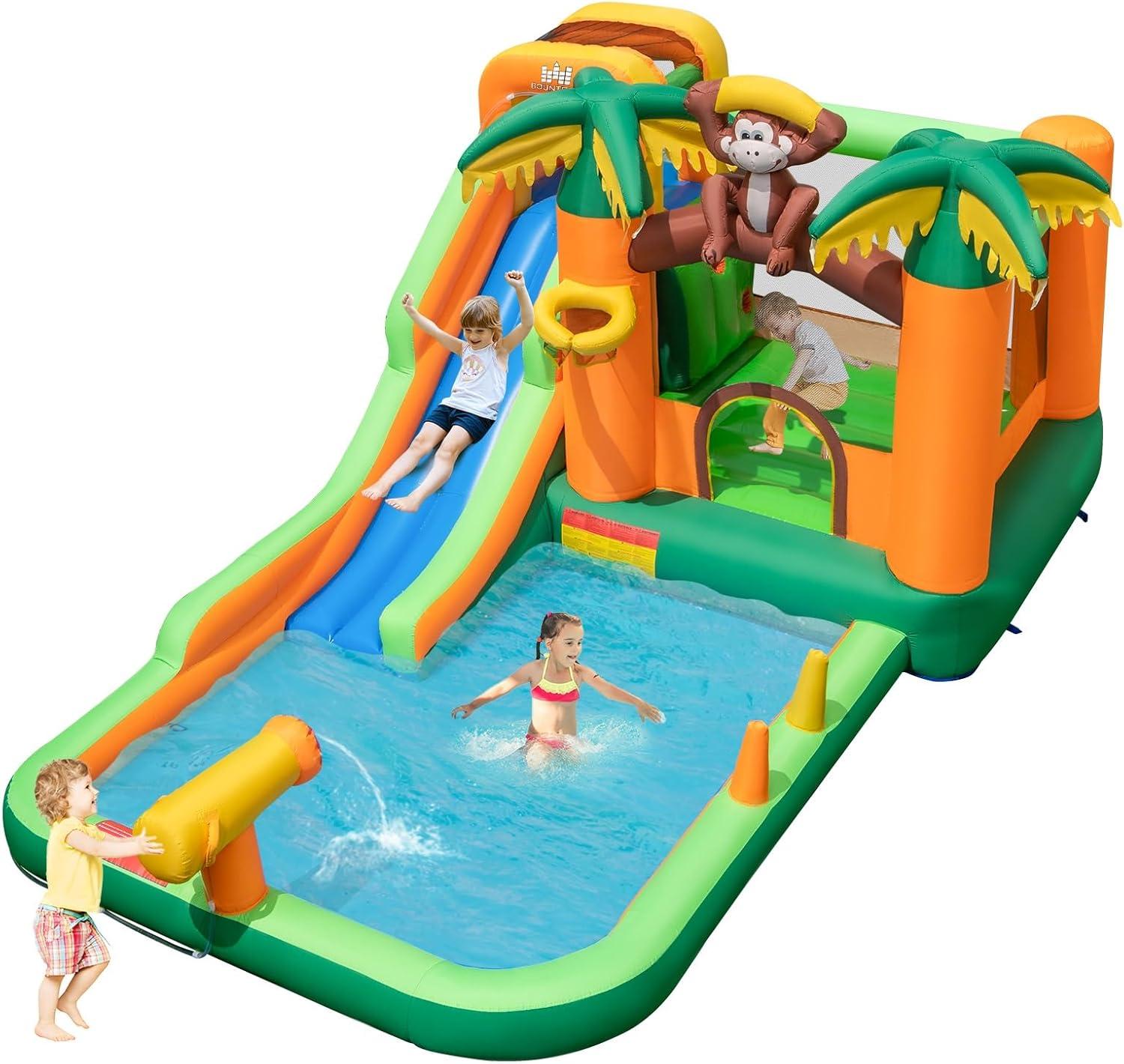 Costway Inflatable Water Slide Park Monkey Bounce House Splash Pool with 735W Blower