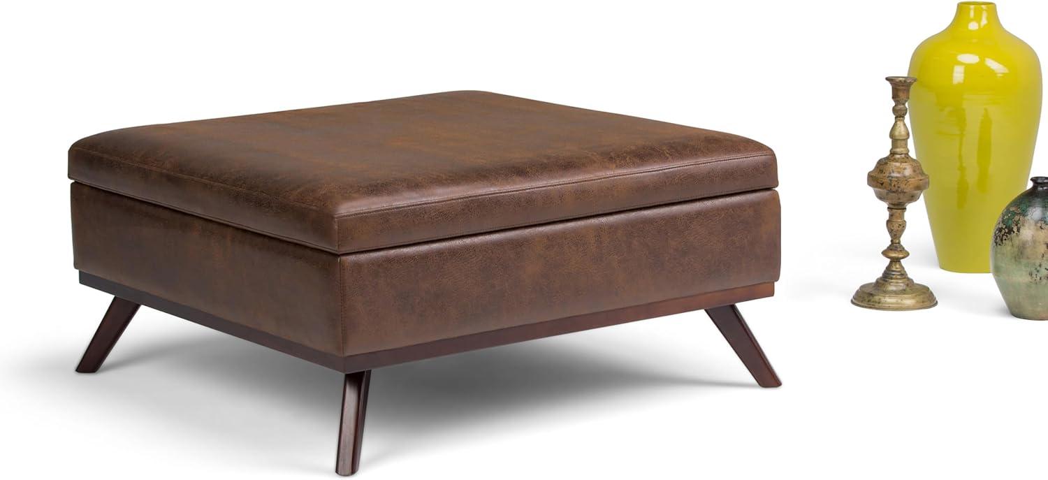 Simpli Home Owen 36"W Upholstered Square Coffee Table Storage Ottoman with Lift Top and Solid Wood Legs