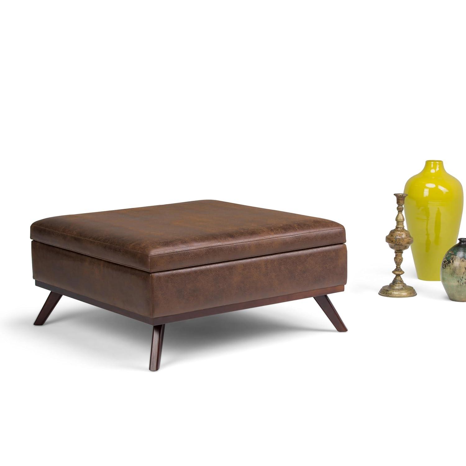 Simpli Home Owen 36"W Upholstered Square Coffee Table Storage Ottoman with Lift Top and Solid Wood Legs