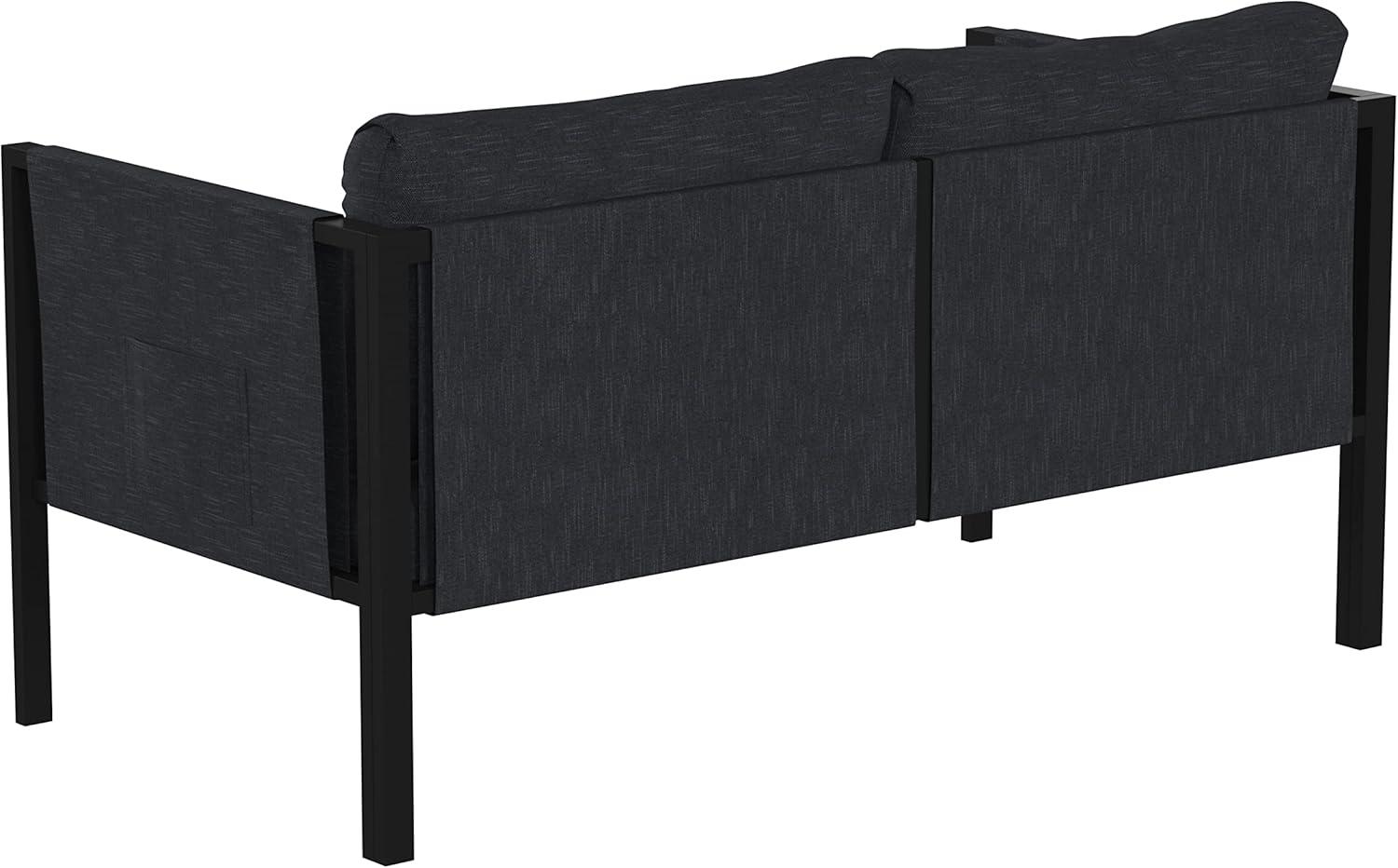 Flash Furniture Lea Indoor/Outdoor Loveseat with Cushions - Modern Steel Framed Chair with Storage Pockets, Black with Charcoal Cushions