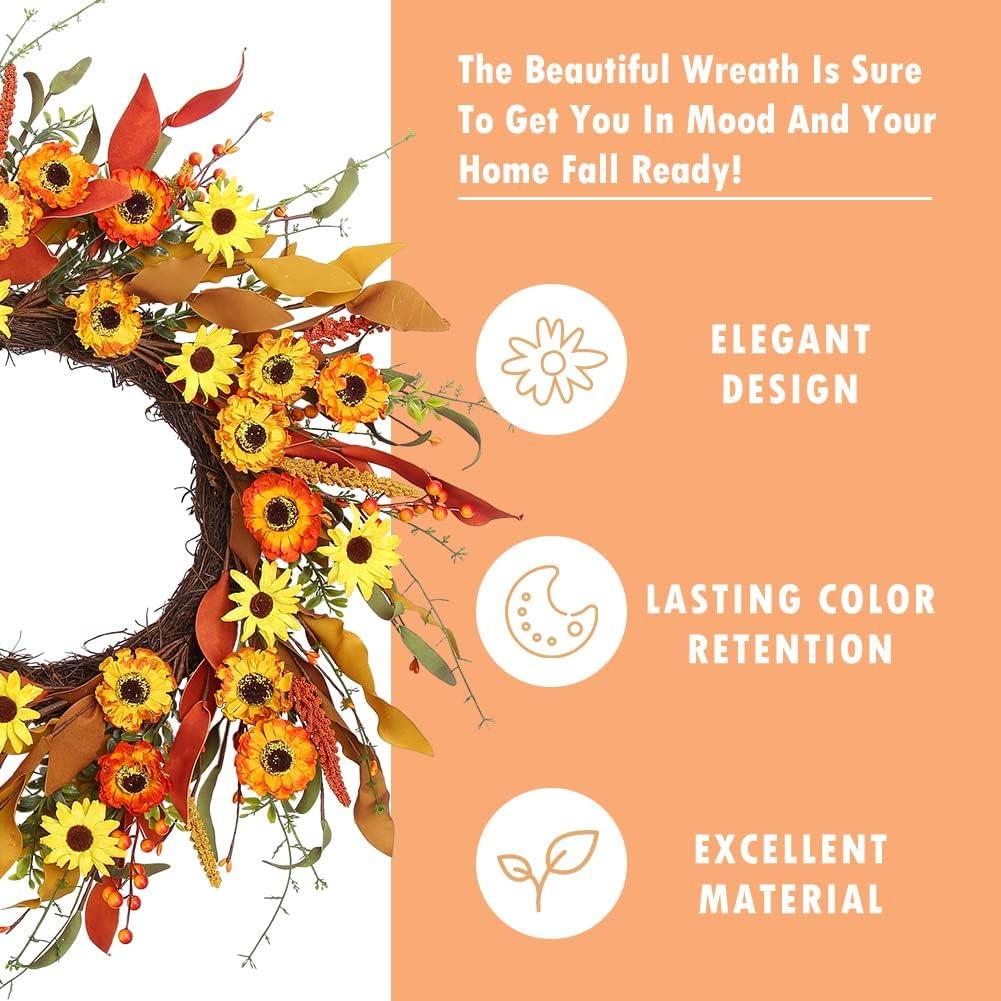 Artificial Fall Wreath 20 Inch Autumn Wreath for Front Door Thanksgiving Wreaths Orange Yellow Red Daisy Flower Wreath Artificial Wreath for Home Farmhouse Decor