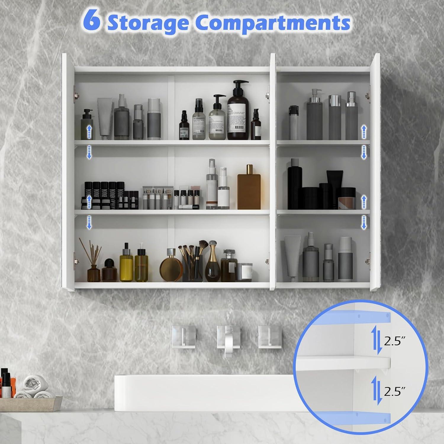 Tangkula Mirrored Medicine Cabinet, Large Wide Wall Mounted Storage Cabinet with 3 Mirror Doors & Adjustable Shelf, Hanging Bathroom Organizer, White, 36 x 4.5 x 25.5 Inches