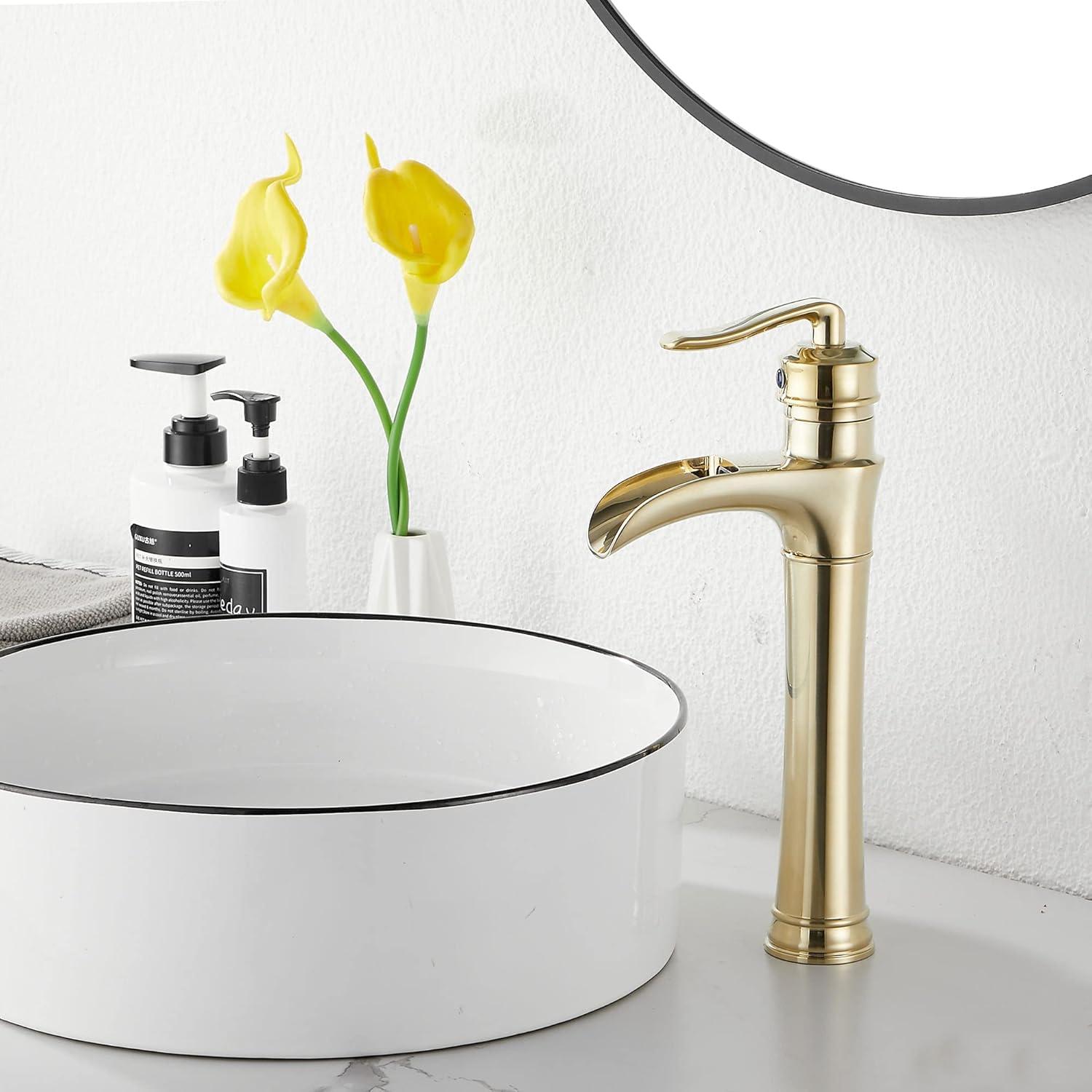 GGStudy Waterfall Single-Handle One Hole Bathroom Vessel Sink Faucet Matching Pop Up Drain Brushed Gold Farmhouse Bathroom Vanity Faucet