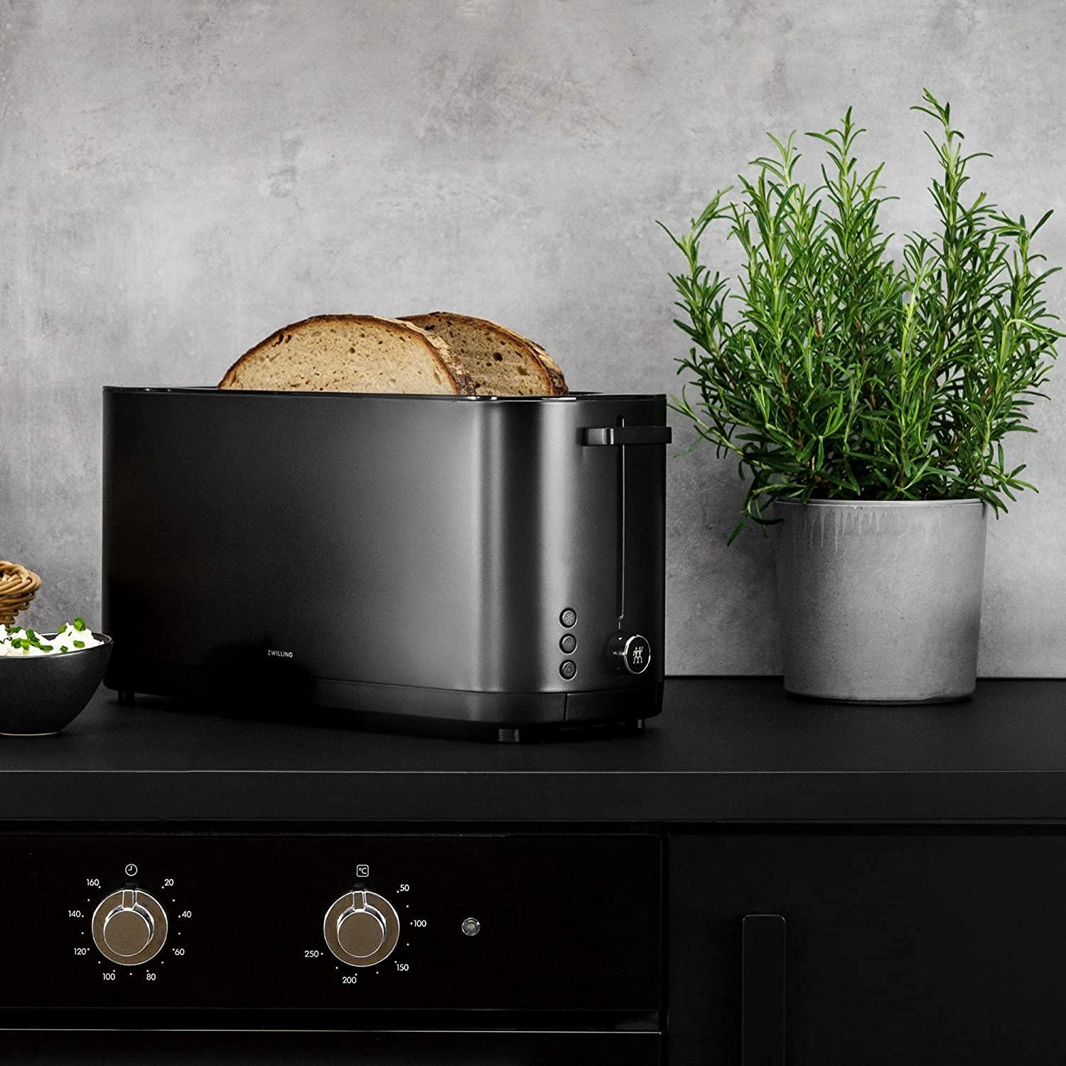 ZWILLING Enfinigy 2 Long Slot Toaster, 4 Slices with Extra Wide 1.5" Slots for Bagels, 7 Toast Settings, Even Toasting, Reheat, Cancel, Defrost, Black
