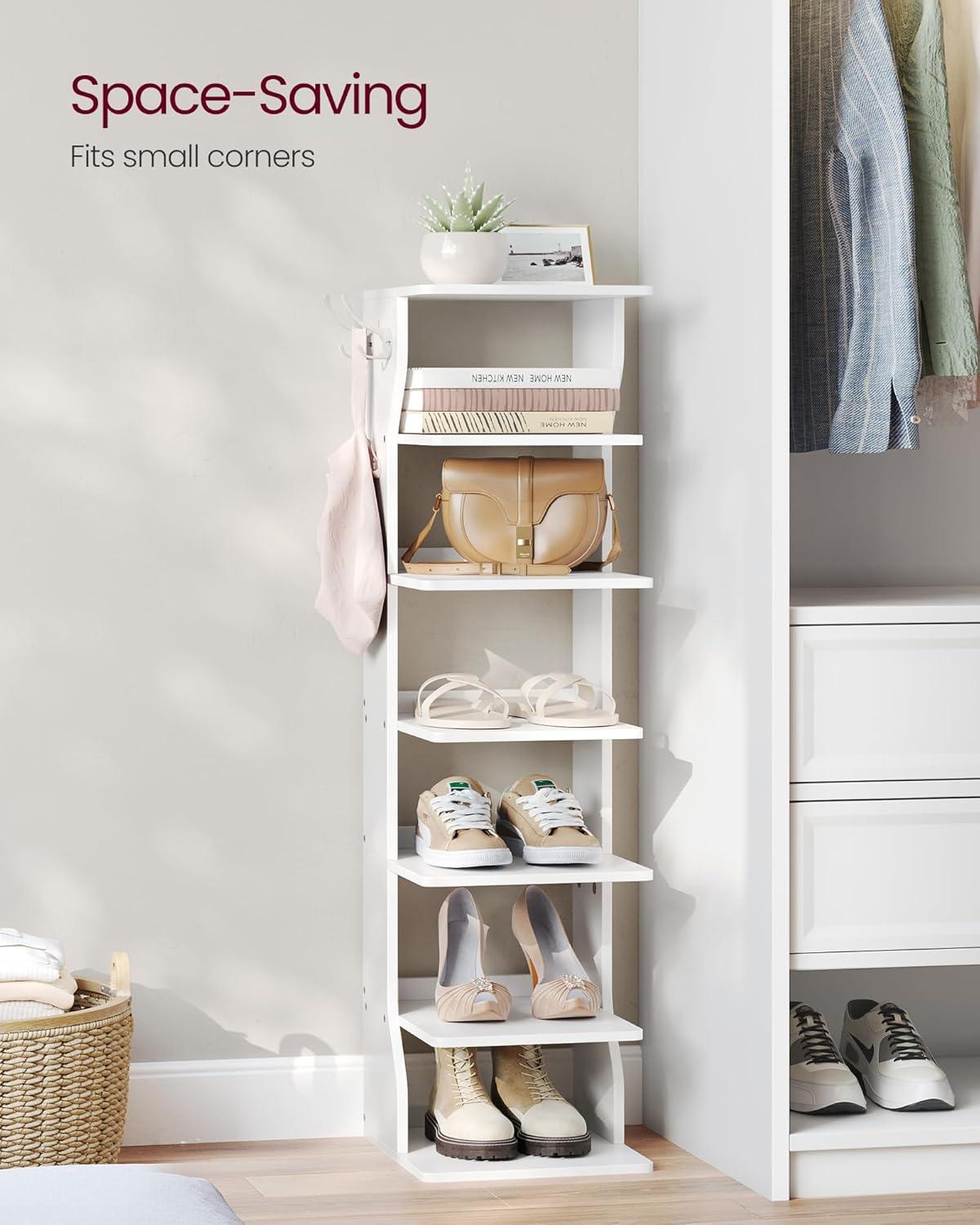 White 7-Tier Wooden and Metal Vertical Shoe Rack