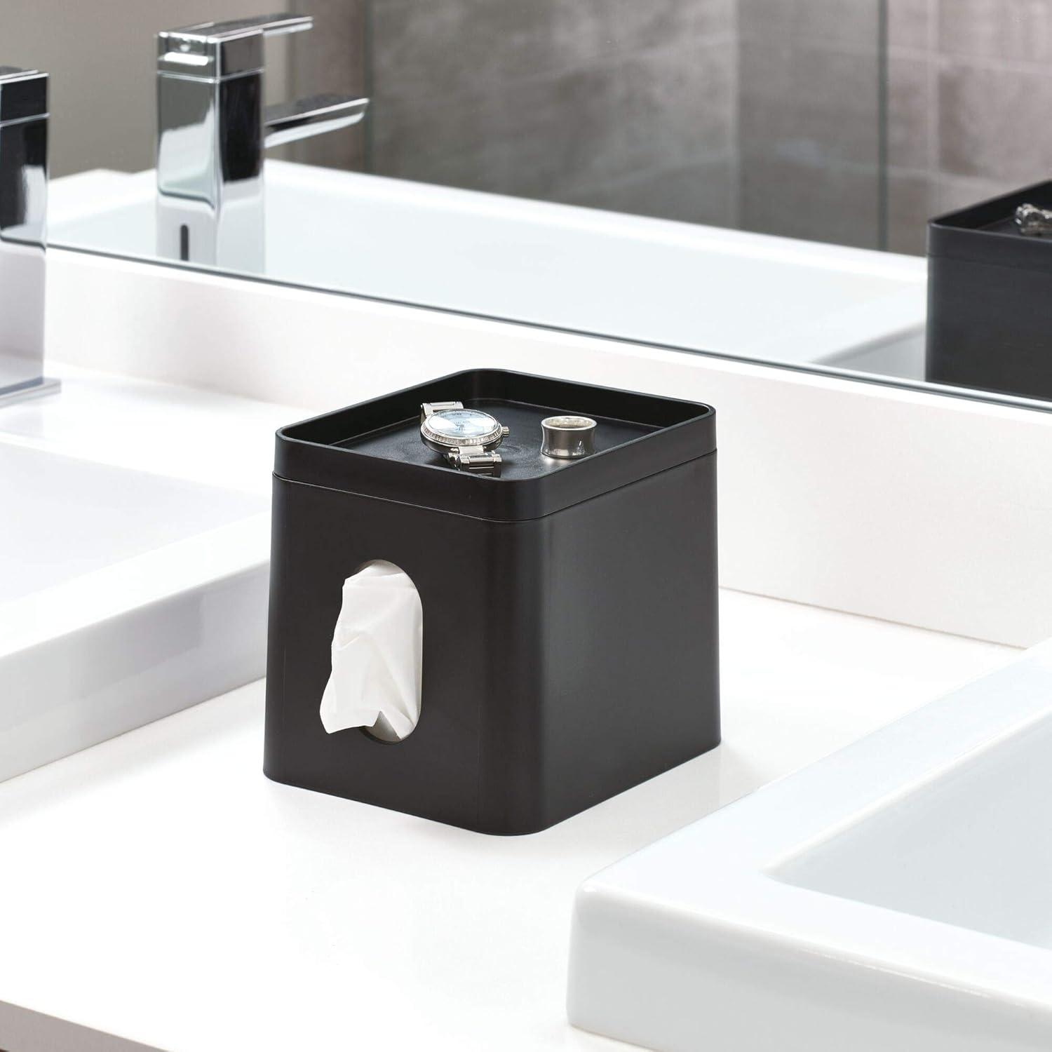 iDesign Facial Tissue Box Cover with Storage Tray, The Cade Collection – 6.1" x 5.15" x 5.4", Matte Black
