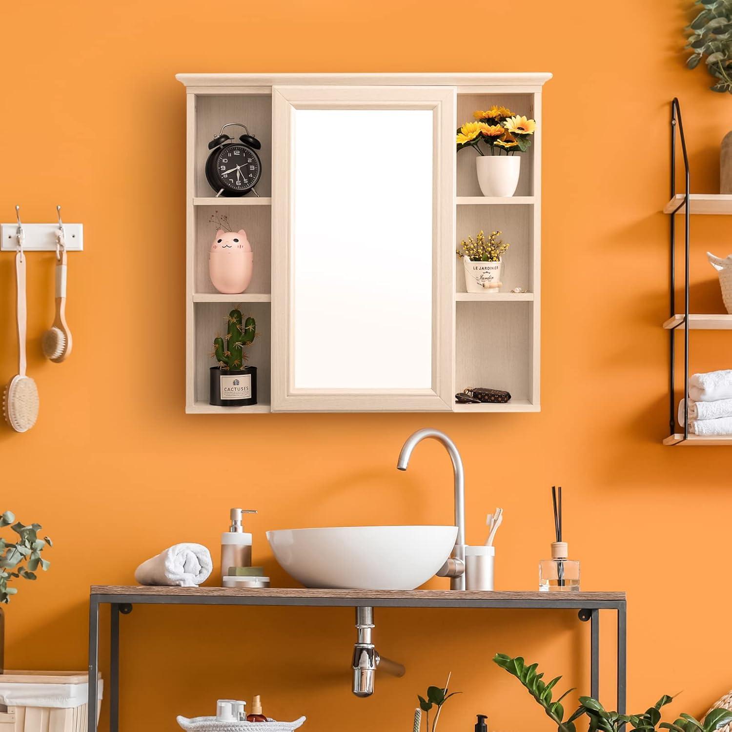 ALIMORDEN Mirror Medicine Cabinet with Shelves, Bathroom Wall Storage Cabinet, 30 Inch x 28 Inch, Over The Vanity, Toilet (No Back Board), White with Wood Grain