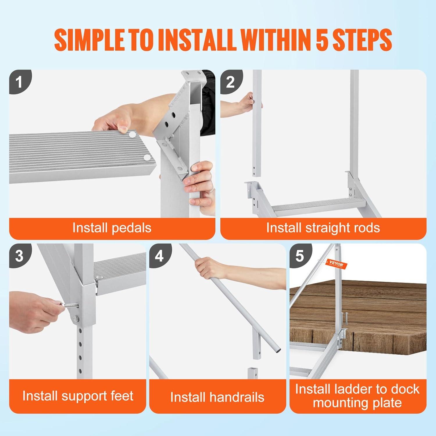 VEVOR Dock Stairs 4 Steps, 500lbs Load Pool Steps, Adjustable Height Aluminum Dock Ladders, Pontoon Boat Ladder with Handrails & Widen Nonslip Pedals for Lake/Pool/Marine Boarding/RV/House