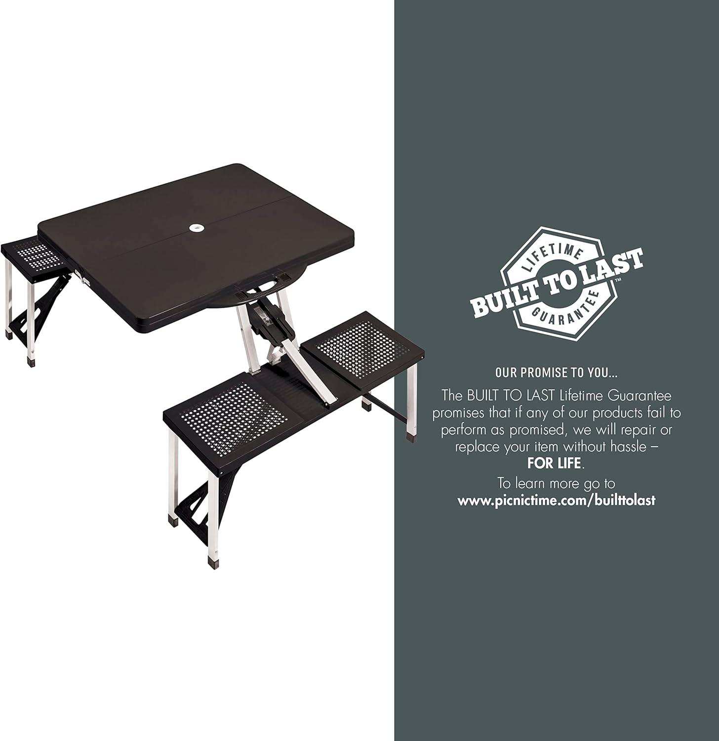 Black Folding Picnic Table with Play Town Design and Umbrella Hole