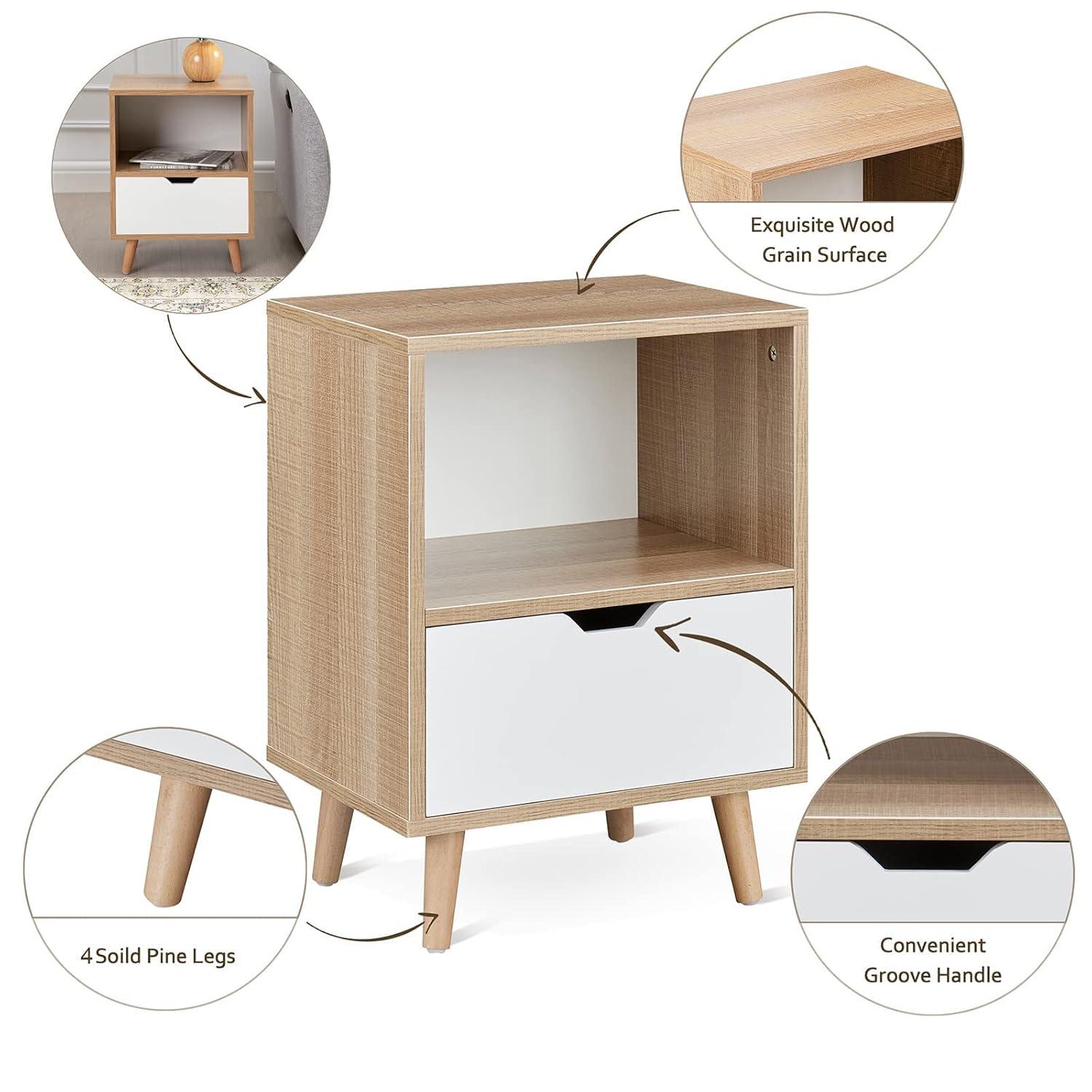 Sweetgo Modern Wooden Bedroom 2-Tier Nightstand End Side Table with Open Shelf, 4 Anti-Slip Rubber Padded Legs, & 1 Storage Drawer, Tan, Set of 2