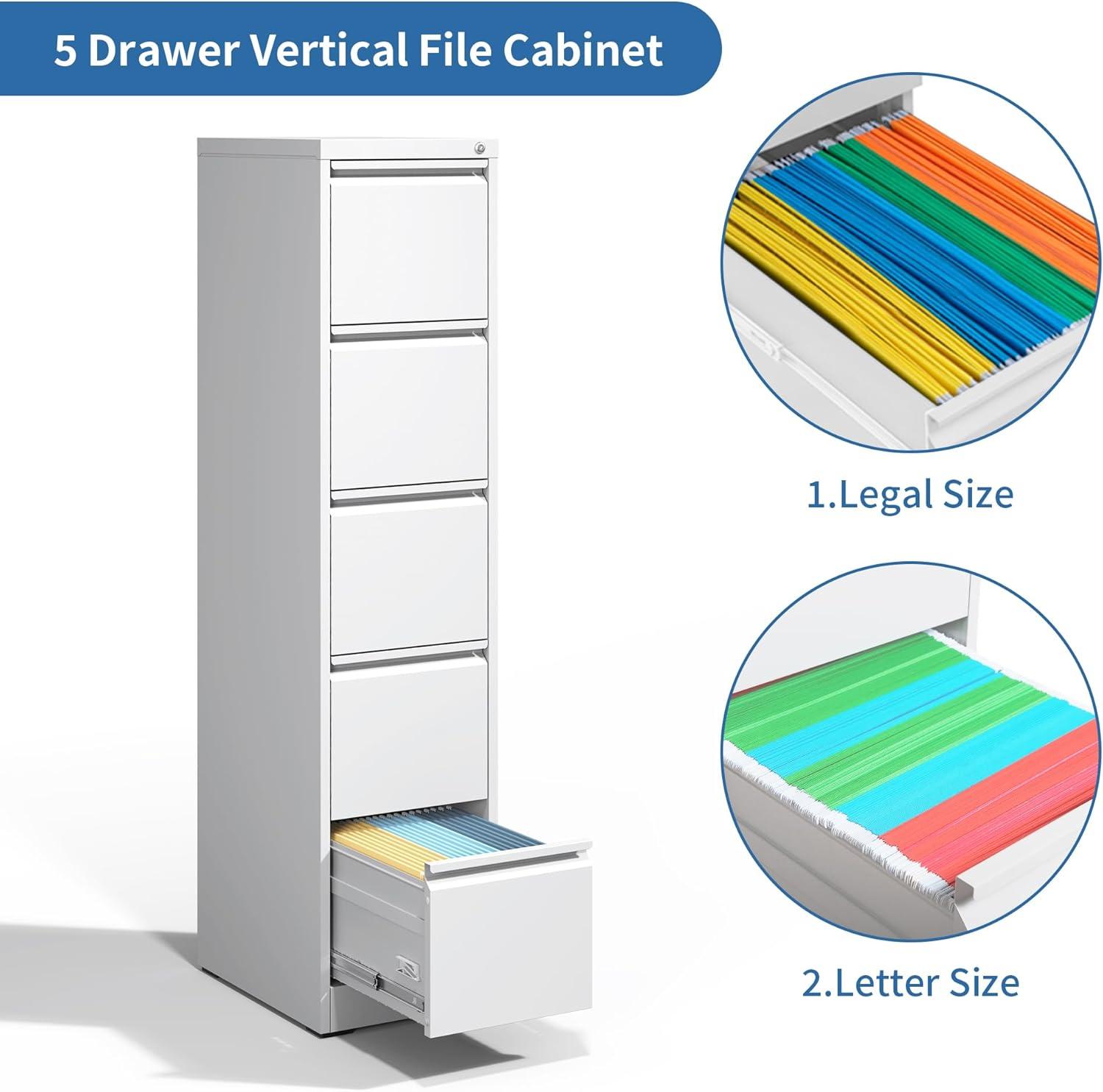 White Vertical 5-Drawer Lockable Metal Filing Cabinet