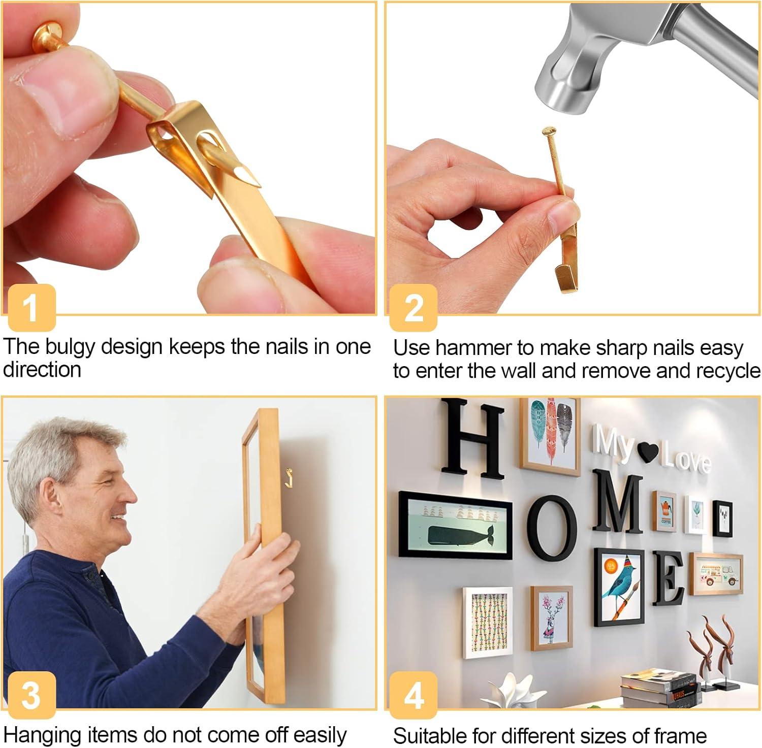 Picture Hanging Kit 184Pcs – Picture Hangers & Wall Hooks for Hanging – 20lb, 30lb, 50lb Wall Hangers with Metal Hooks and Nails for Drywall, Wood Walls & More(Gold)