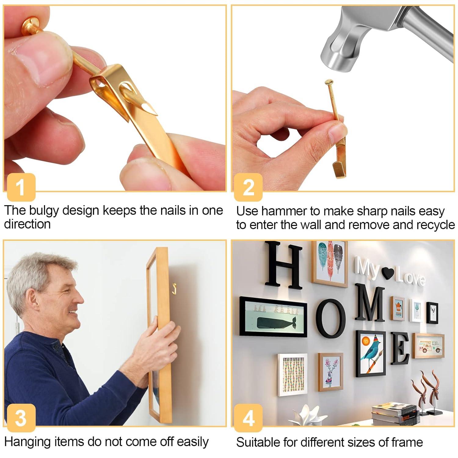 Picture Hanging Kit 184Pcs – Picture Hangers & Wall Hooks for Hanging – 20lb, 30lb, 50lb Wall Hangers with Metal Hooks and Nails for Drywall, Wood Walls & More(Gold)