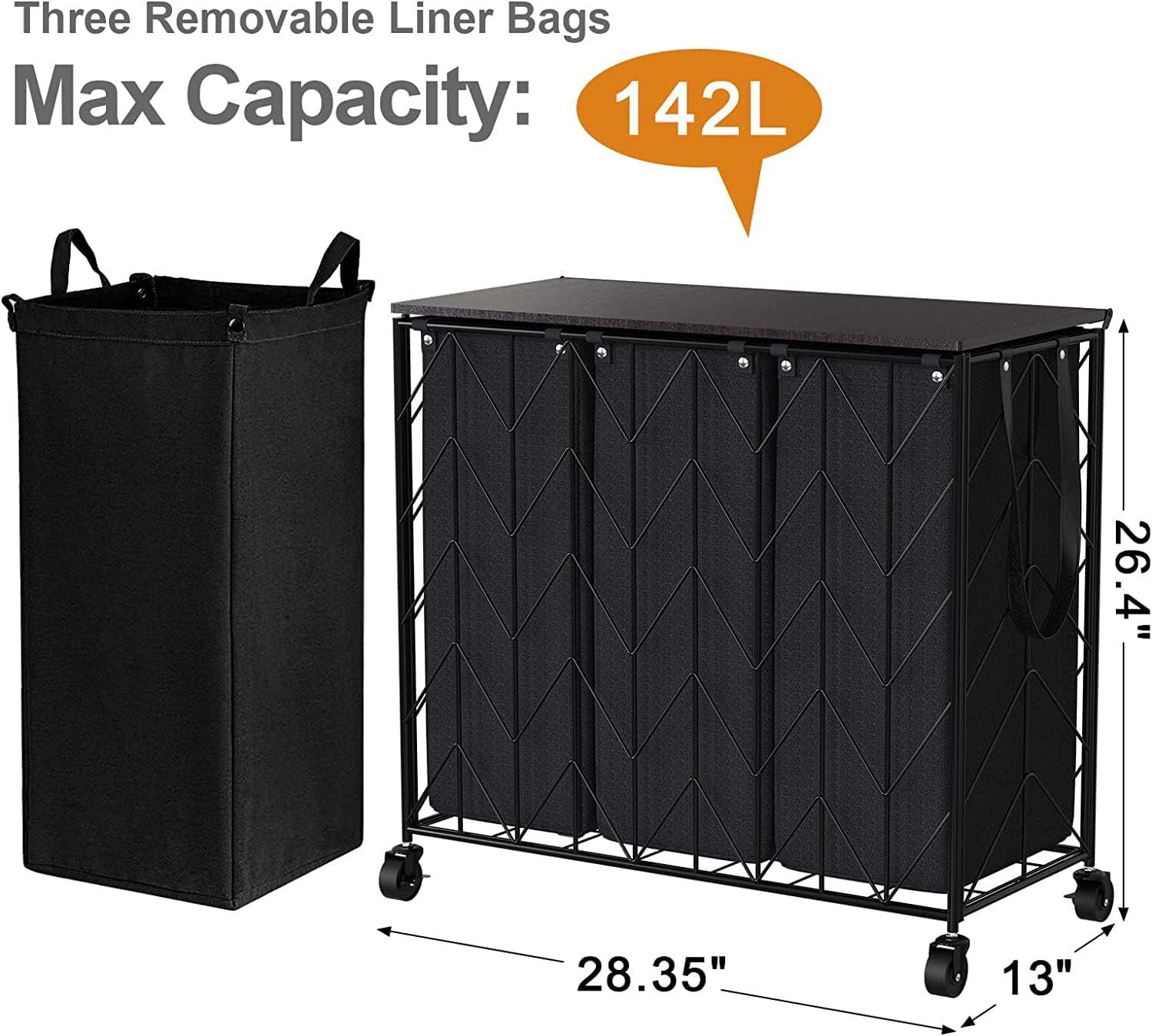 Black Iron 142L Rolling Laundry Hamper with Removable Bags