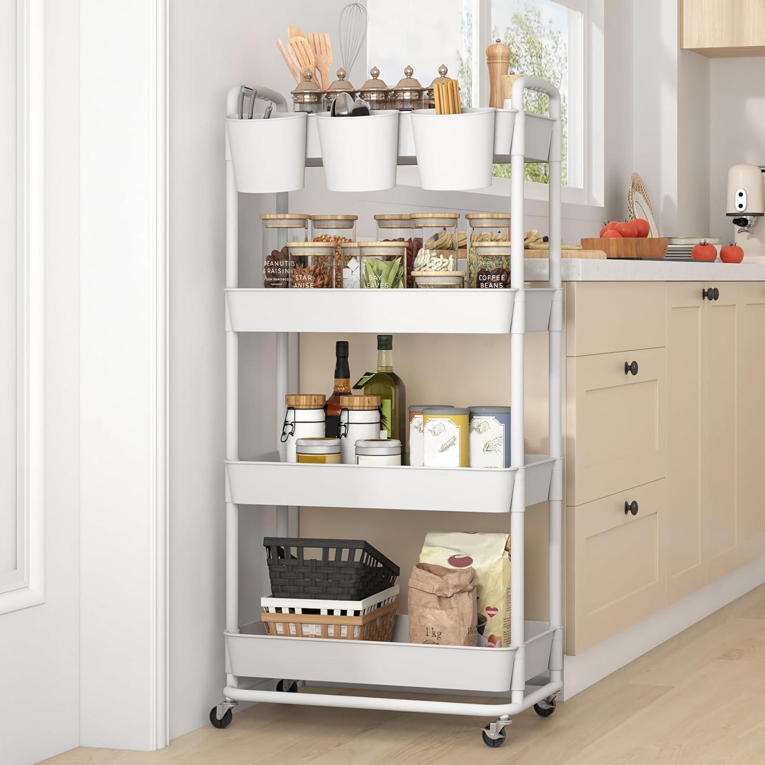 JIUYOTREE 4-Tier Plastic Rolling Storage Cart Utility Cart with Extra Hanging Cups Handles Lockable Wheels for Living Room Bathroom Kitchen Office Green