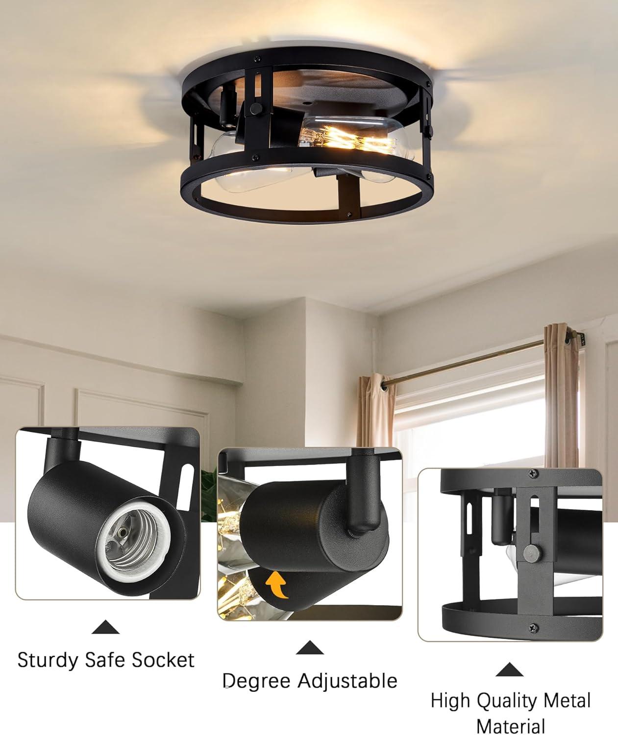 2-Light Industrial Flush Mount Ceiling Light Fixture,Black Farmhouse Ceiling Light Fixture,Modern Flush Mount Light Fixture for Kitchen Bedroom Living Room Hallway 2 Pack