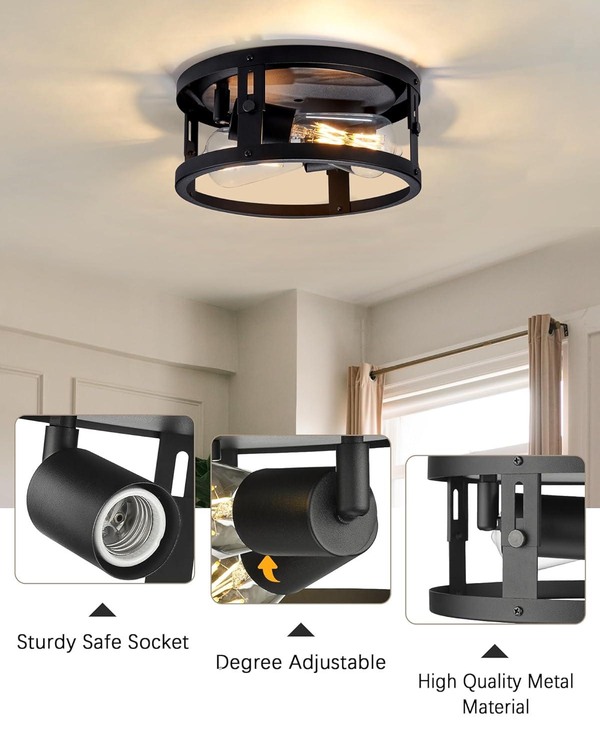 2 Pack Black Farmhouse Flush Mount Ceiling Light,2-Light Rustic Hallway Lighting Fixtures,Industrial Light Fixtures Ceiling Mount for Kitchen Hall Entry Bedroom Closet