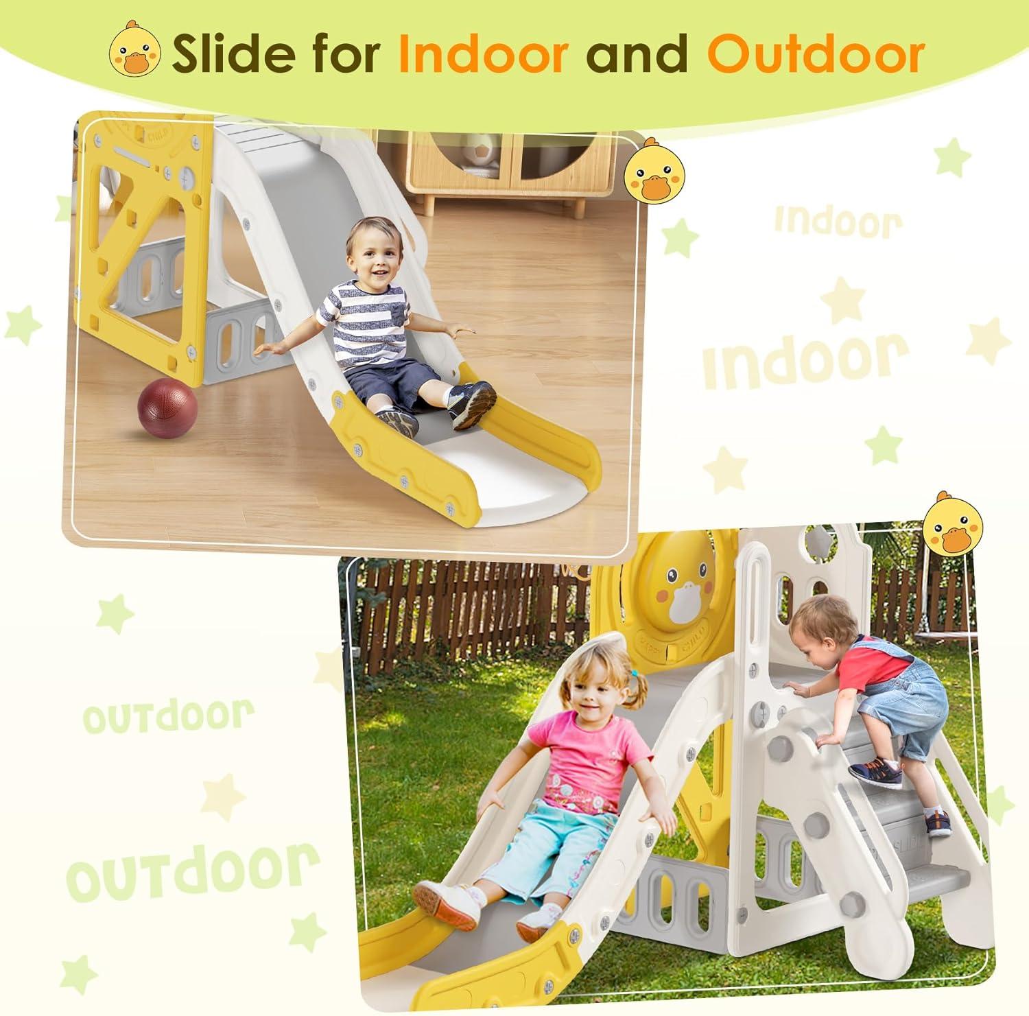 Suteck 5 in 1 Toddler slide, Kids Slide with Climber Outdoor Indoor Slide Cute Duck Theme Playset