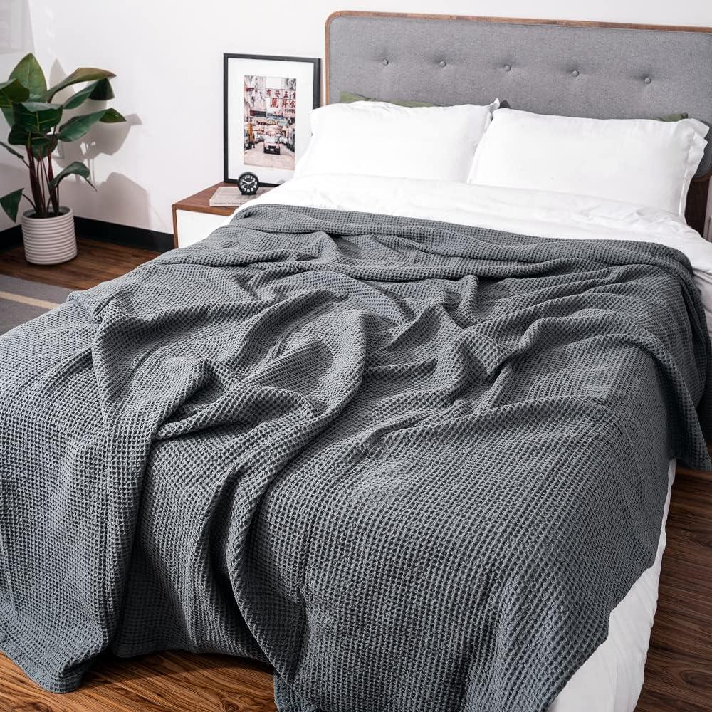 Organic Cotton Waffle Bed Blankets - Premium Gray Queen Cotton Blanket - 100% Organic Cotton Waffle Weave Blanket - Breathable, Plush Cotton Waffle Knit Queen Blanket - 92”x92” (Gray - Queen)