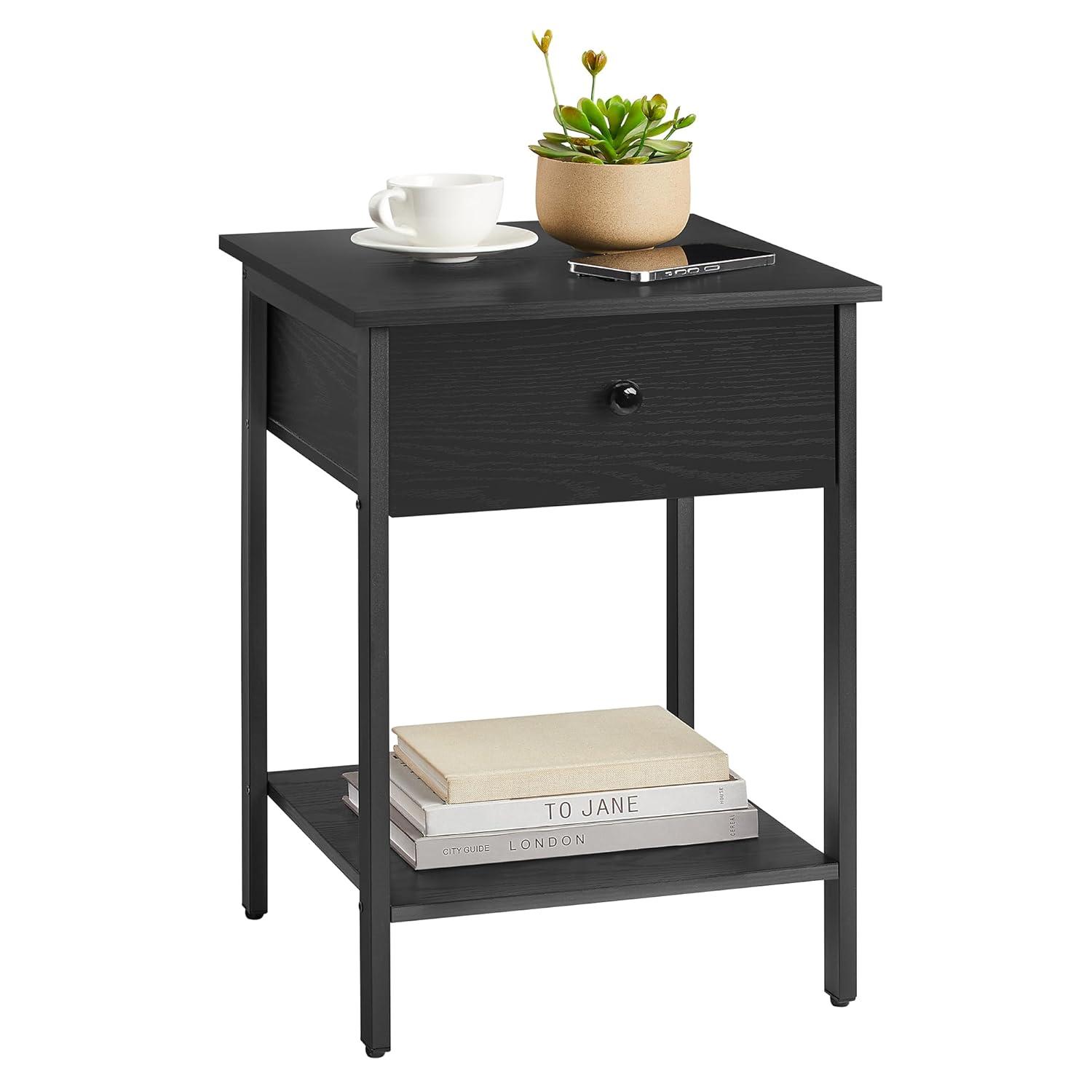 VASAGLE Nightstand, End Table, Side Table with Drawer and Shelf, 15.7 x 15.7 x 21.7 Inches, Bedroom, Steel Frame, Easy Assembly, Modern, Ebony Black ULET055B56
