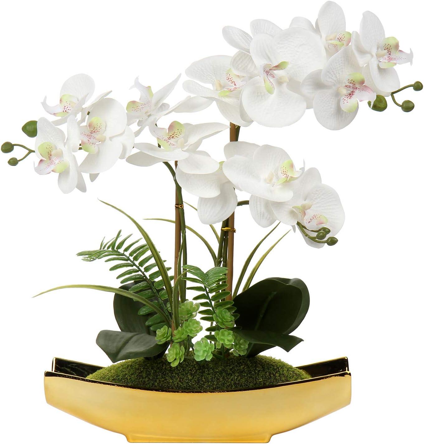 15" Artificial Orchid Flowers Phalaenopsis Flower Arrangements in Silver Vase Wedding Party Home Decor