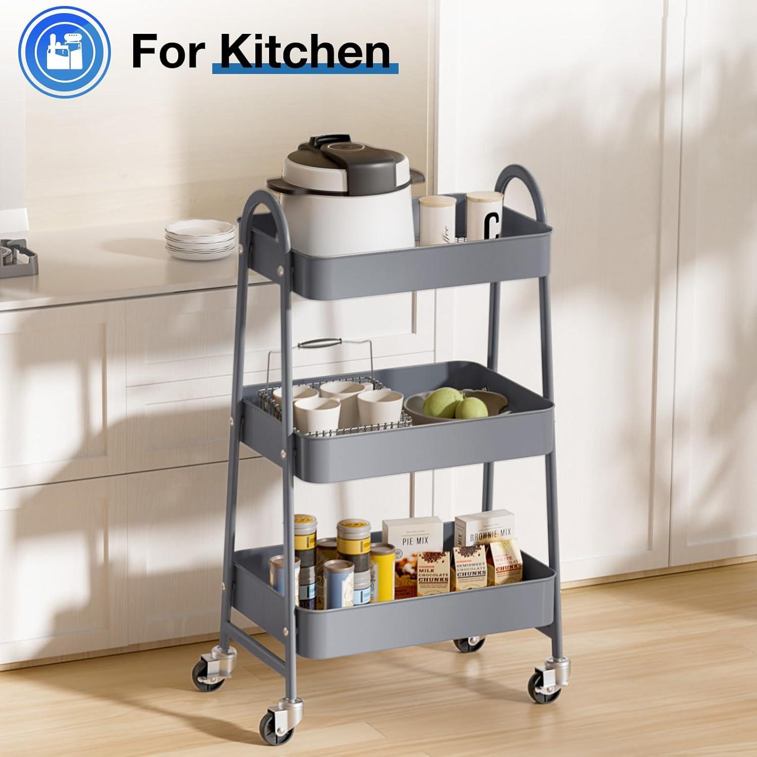 Green Metal 3-Tier Rolling Utility Cart with Lockable Wheels