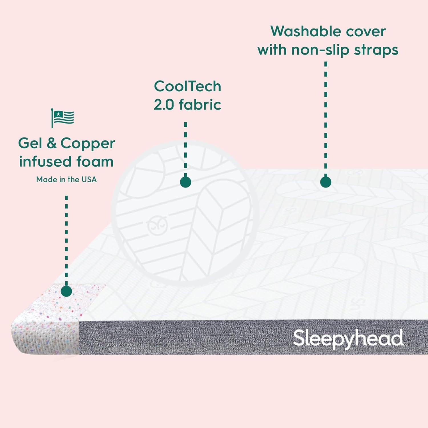 Sleepyhead Twin XL 2 Inch Super Memory Foam Mattress Topper for College Dorm – Copper & Gel Infused, Cooling, Washable Cover, Thick & Comfortable Mattress Pad, Dorm Room Essentials (XL Twin 2")