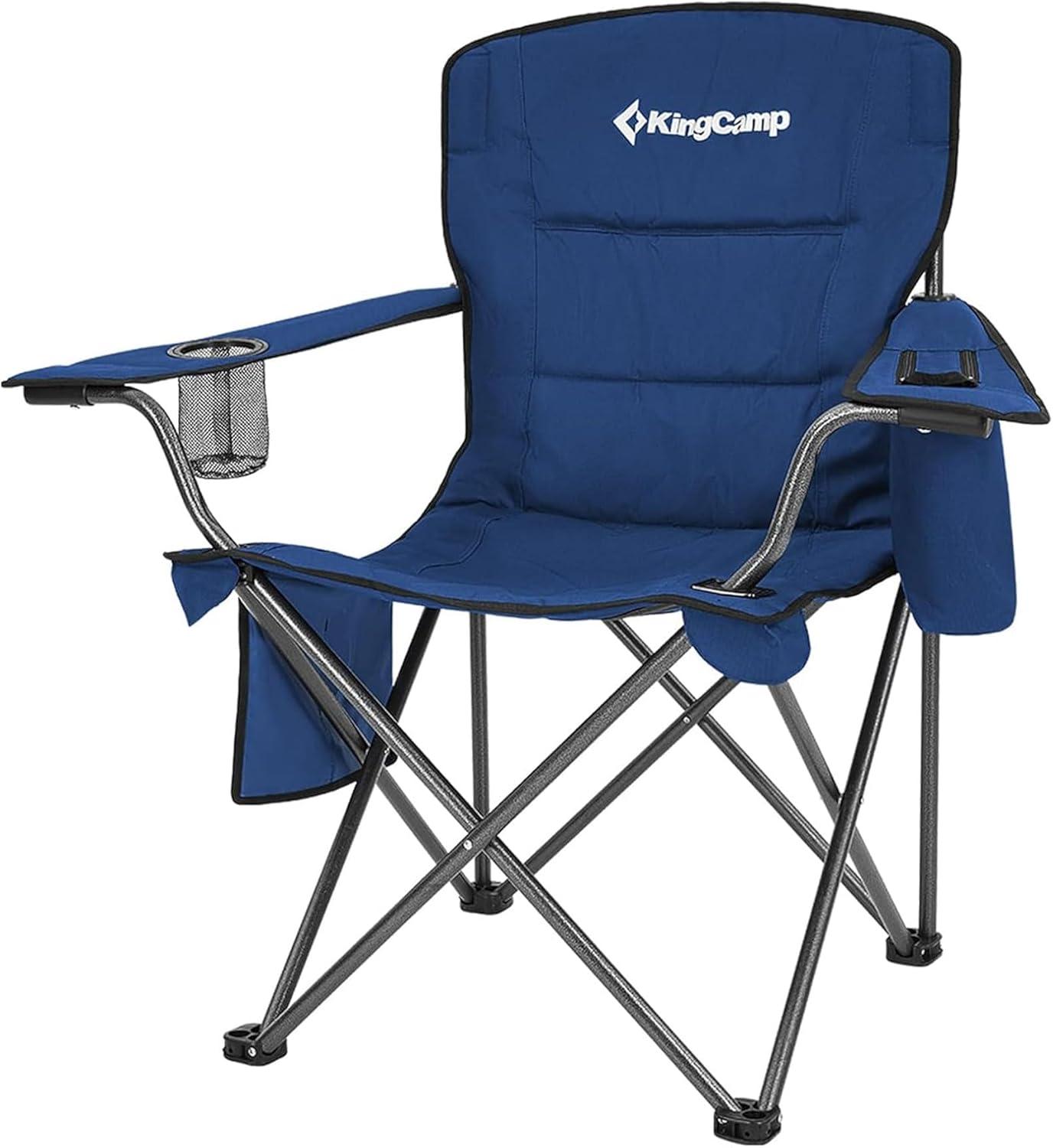 KingCamp Padded Portable Outdoor Folding Lounge Chair with Built In Cupholder, Insulated Cooler Sleeve, and Side Storage Pocket, Blue