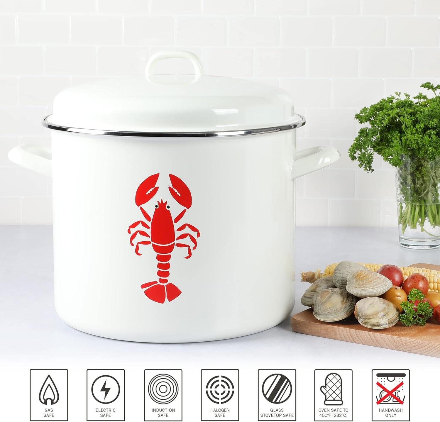 16-Quart White and Red Enamel Steel Lobster Stock Pot