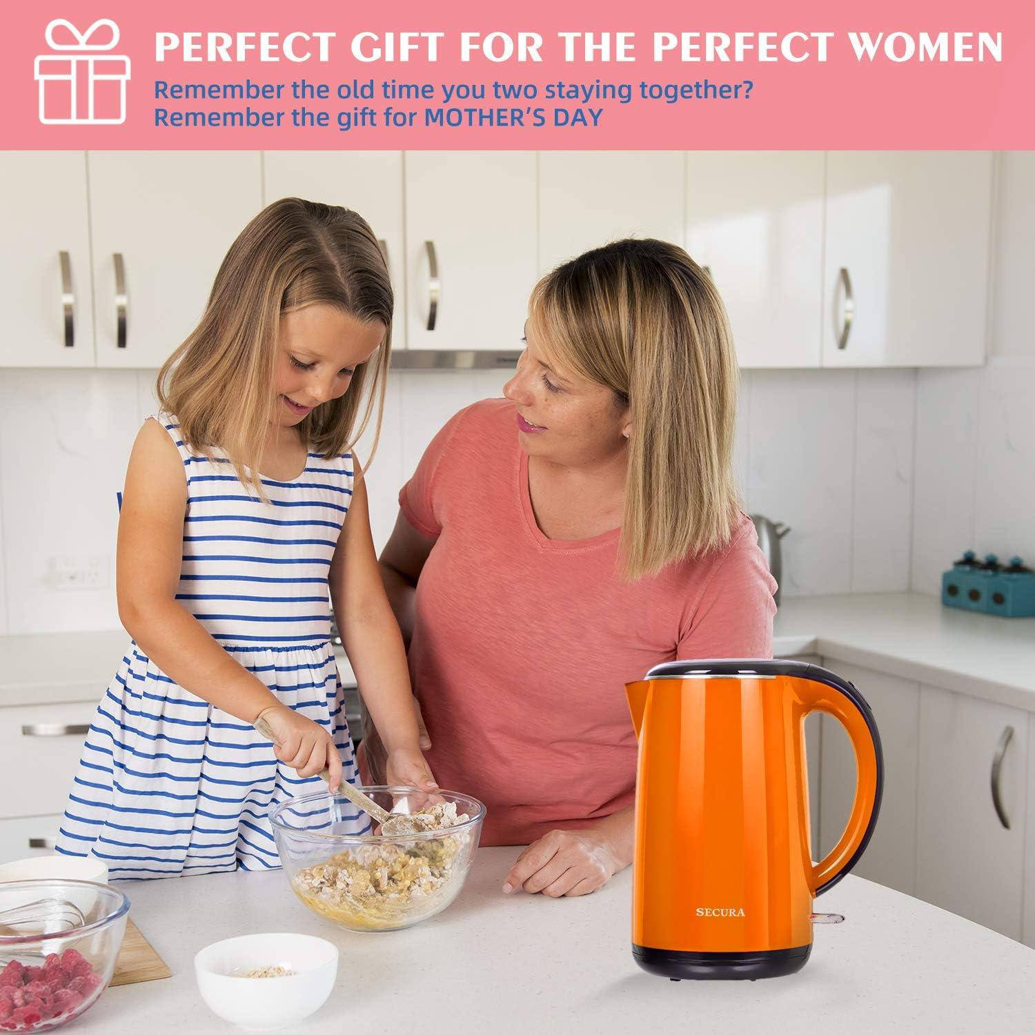 Secura SWK-1701DB The Original Stainless Steel Double Wall Electric Water Kettle 1.8 Quart, Orange (SWK-1701DO)