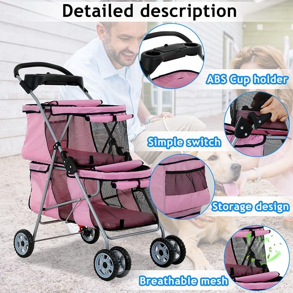 FDW 4 Wheel Pet Stroller Folding Dog Cat Stroller for Small and Medium Pets with Storage Basket Double Decker & Mesh Windows